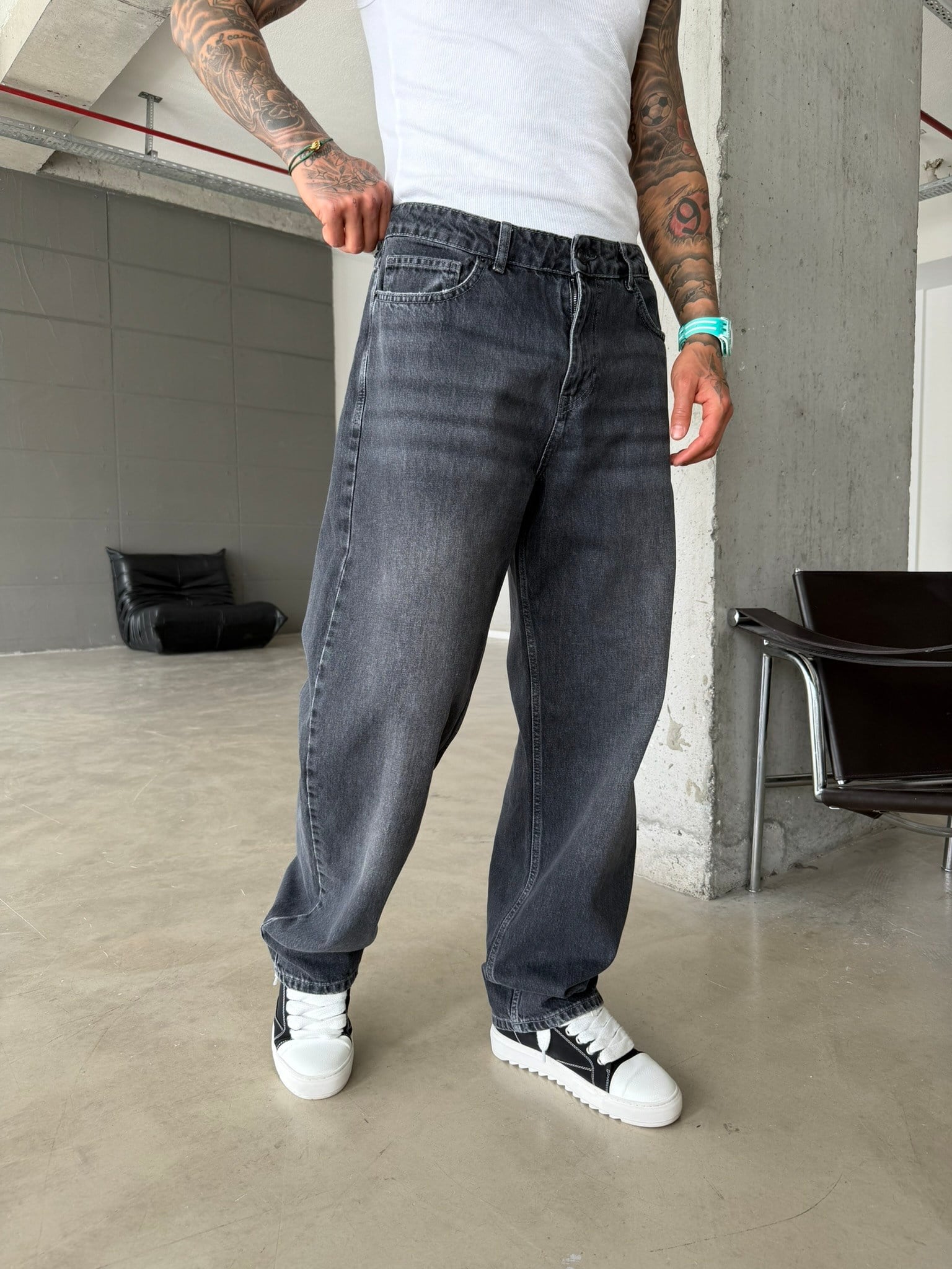Premium Acid Basic Baggy Pantolon - Antrasit