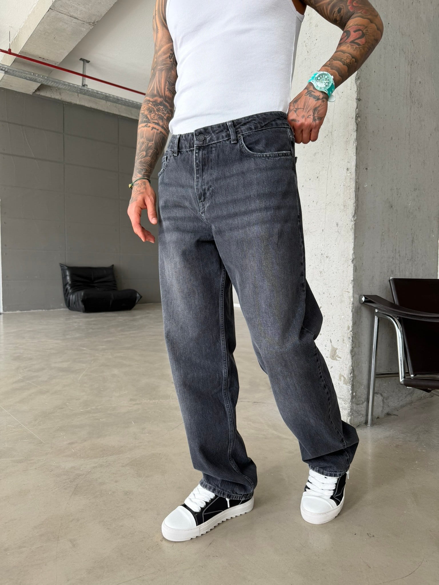 Premium Acid Basic Baggy Pantolon - Antrasit
