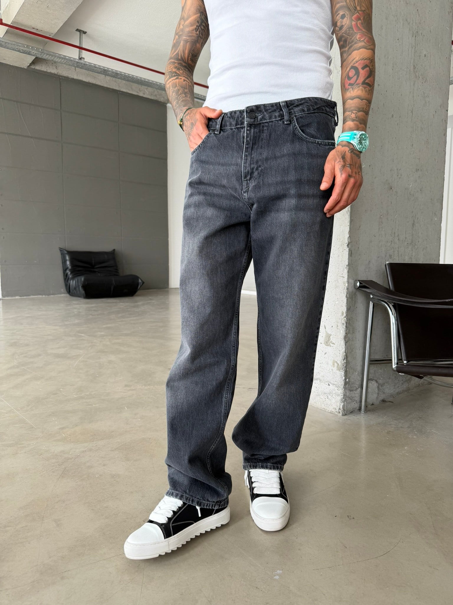 Premium Acid Basic Baggy Pantolon - Antrasit
