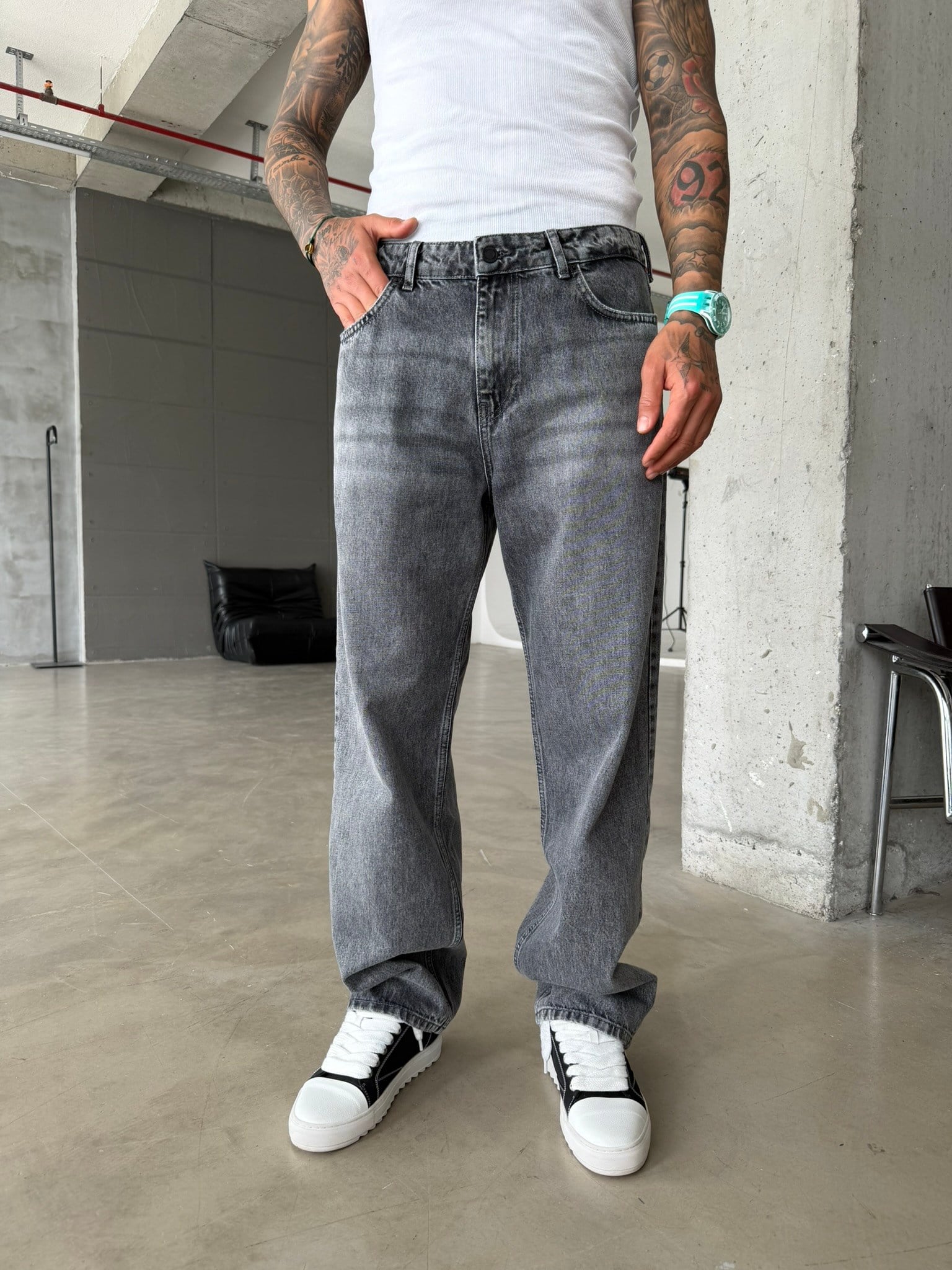 Premium Acid Basic Baggy Pantolon - Gri