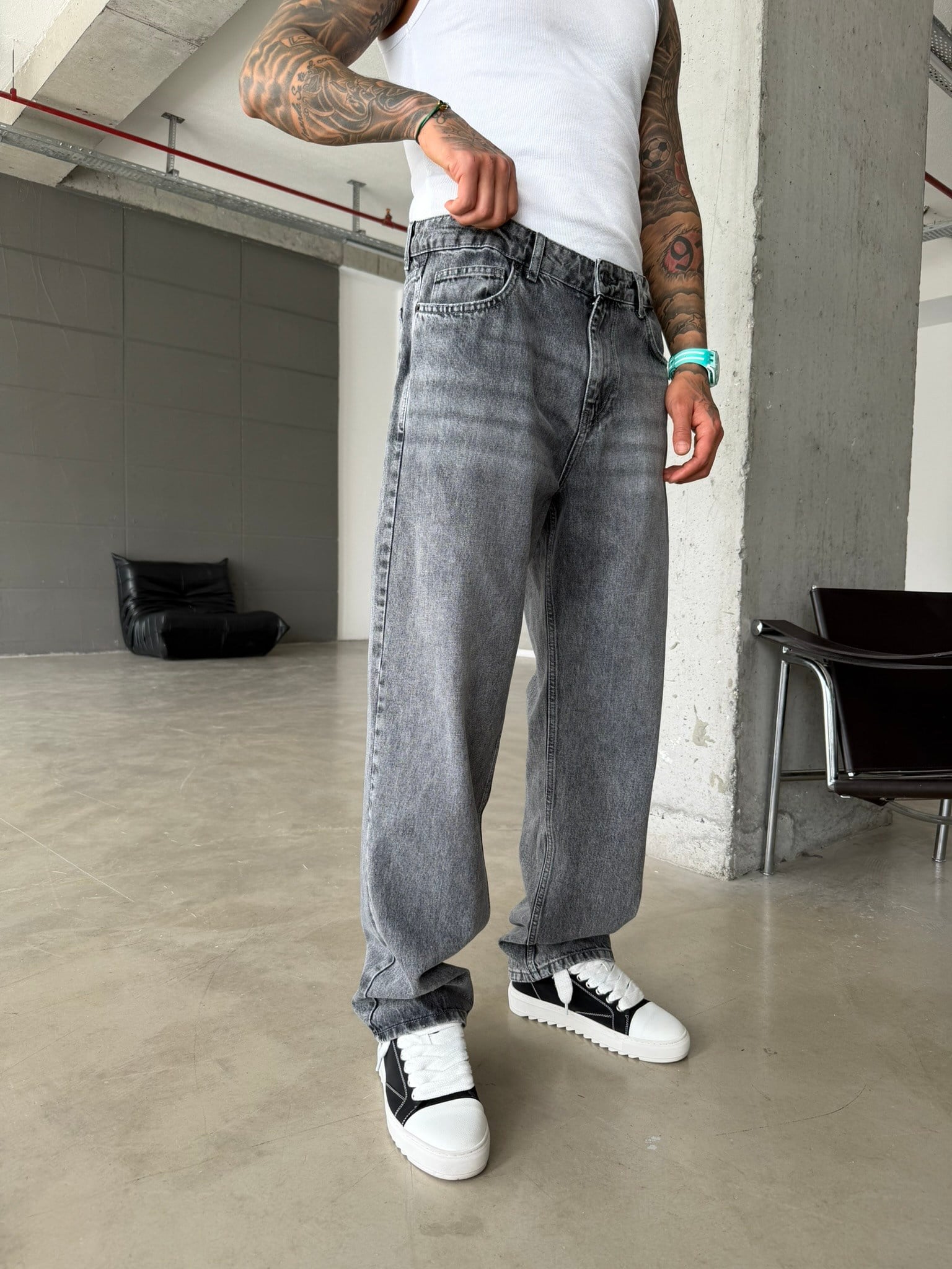 Premium Acid Basic Baggy Pantolon - Gri