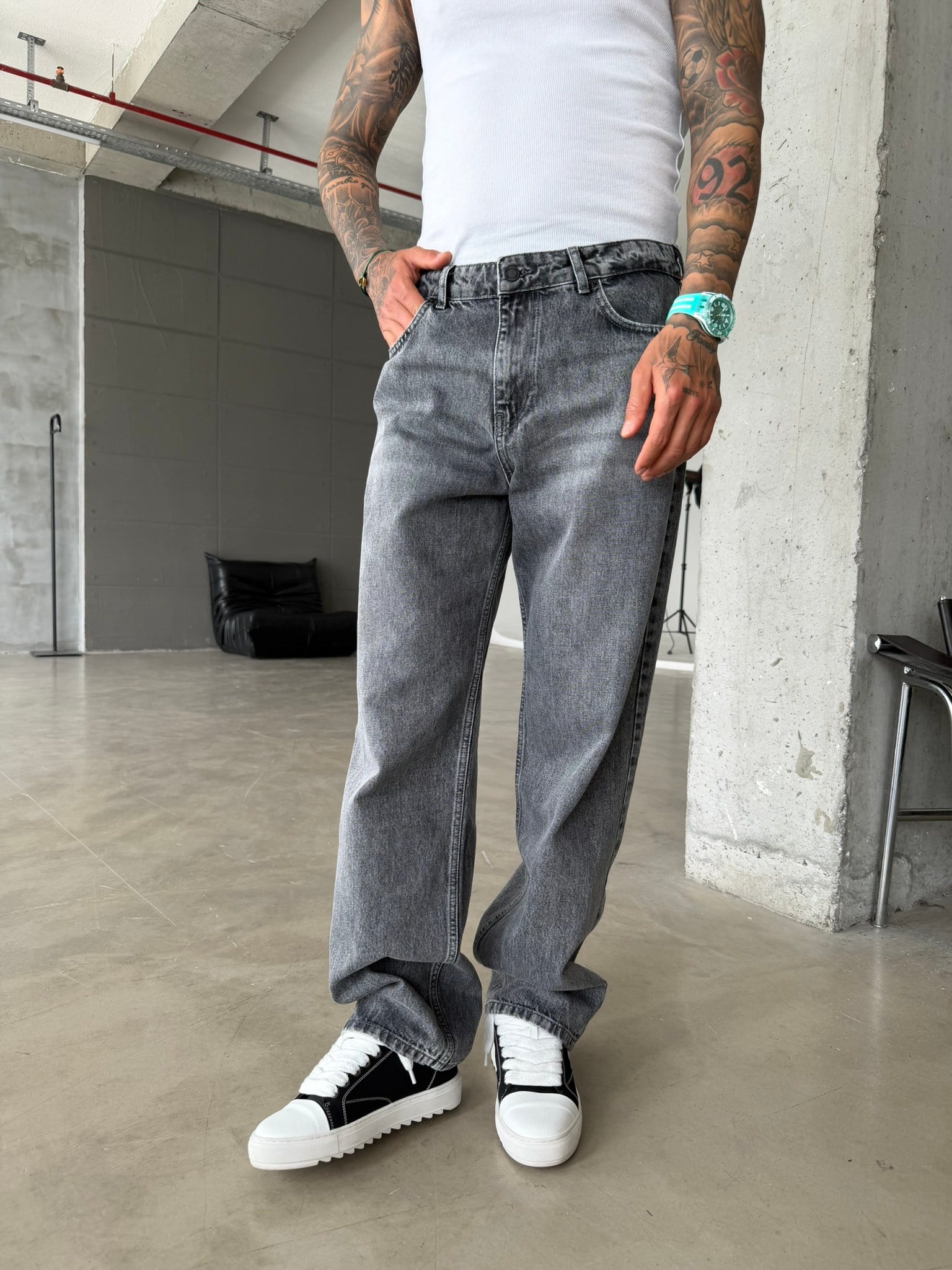Premium Acid Basic Baggy Pantolon - Gri