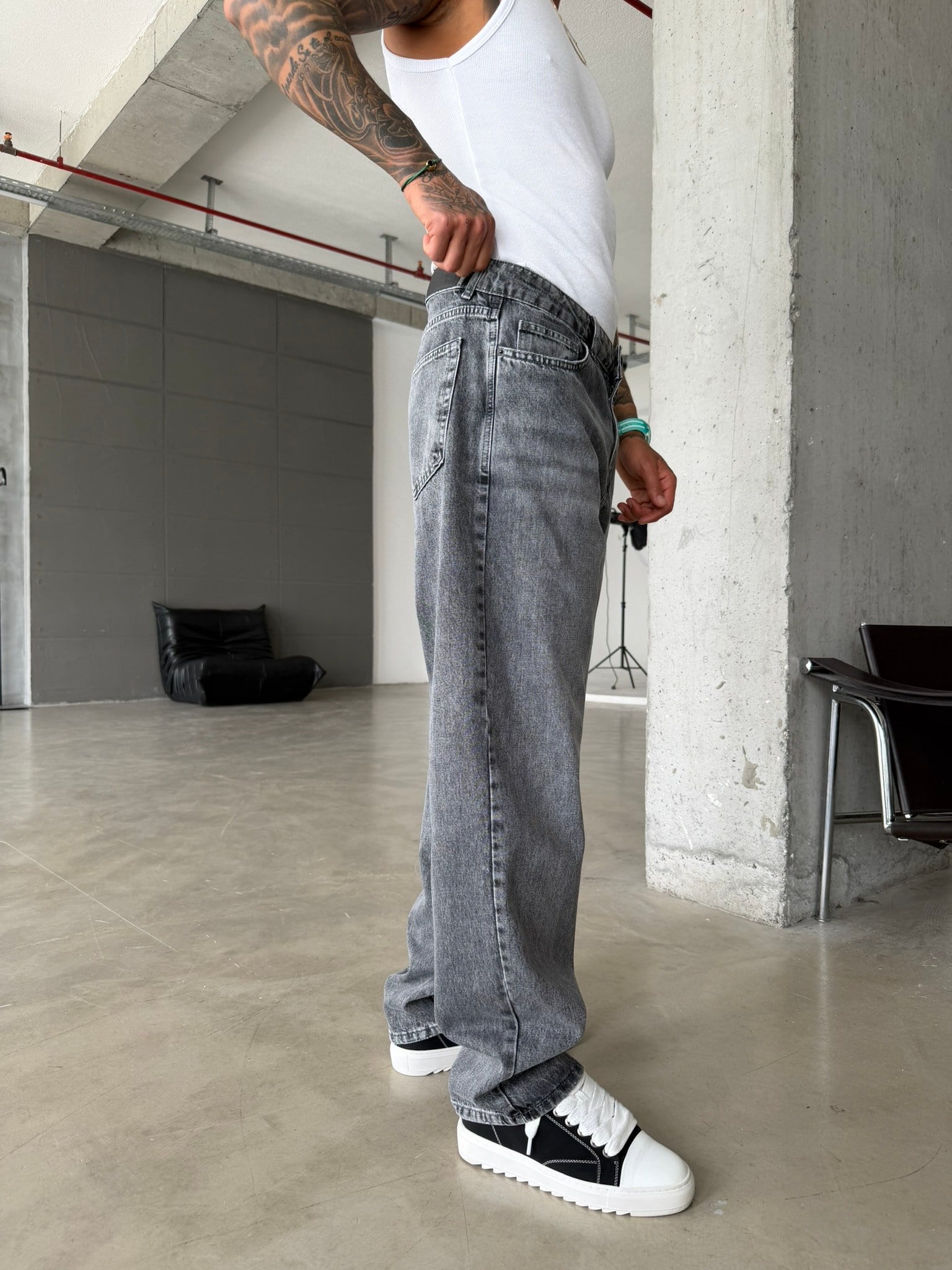 Premium Acid Basic Baggy Pantolon - Gri