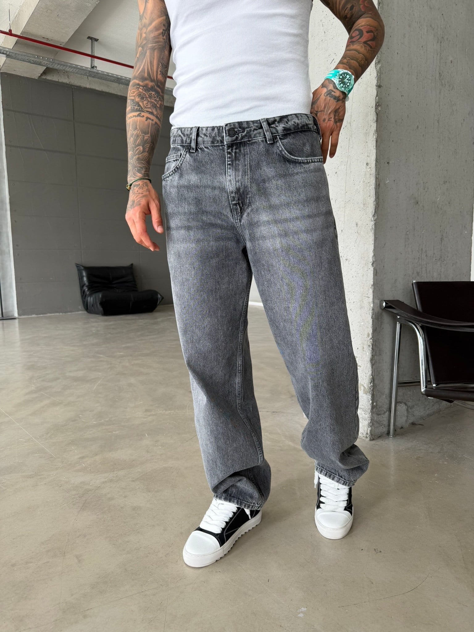 Premium Acid Basic Baggy Pantolon - Gri