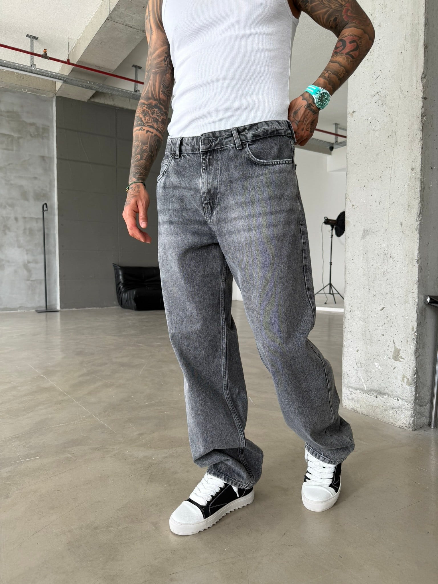 Premium Acid Basic Baggy Pantolon - Gri