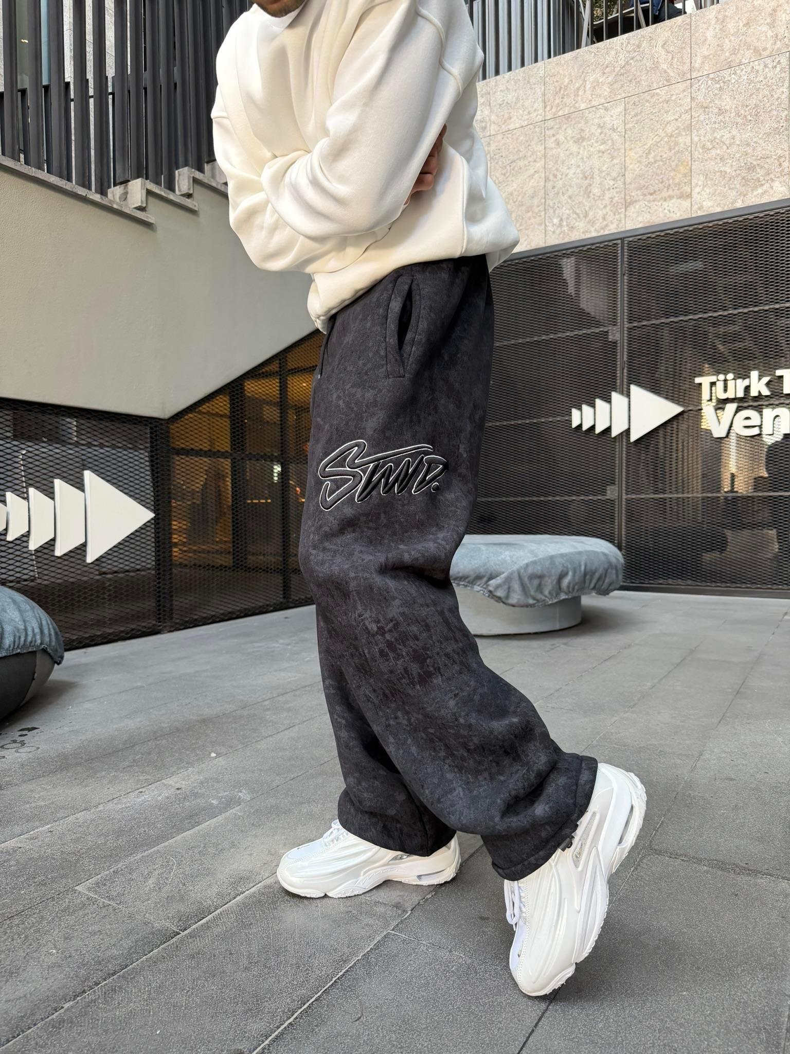 Premium Acid İşlemeli SW Yıkamalı Baggy Eşofman - Siyah