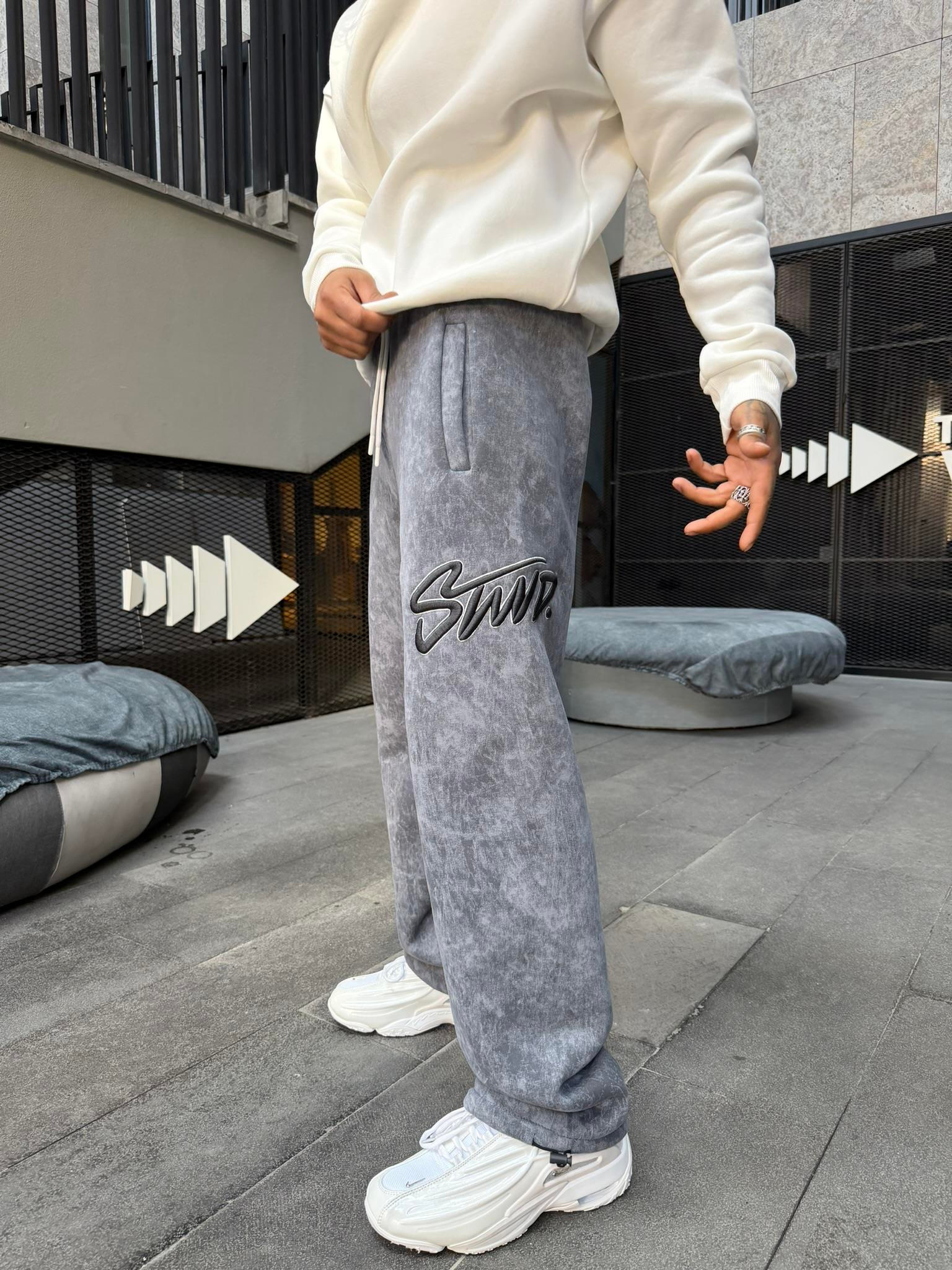 Premium Acid İşlemeli SW Yıkamalı Baggy Eşofman - Füme