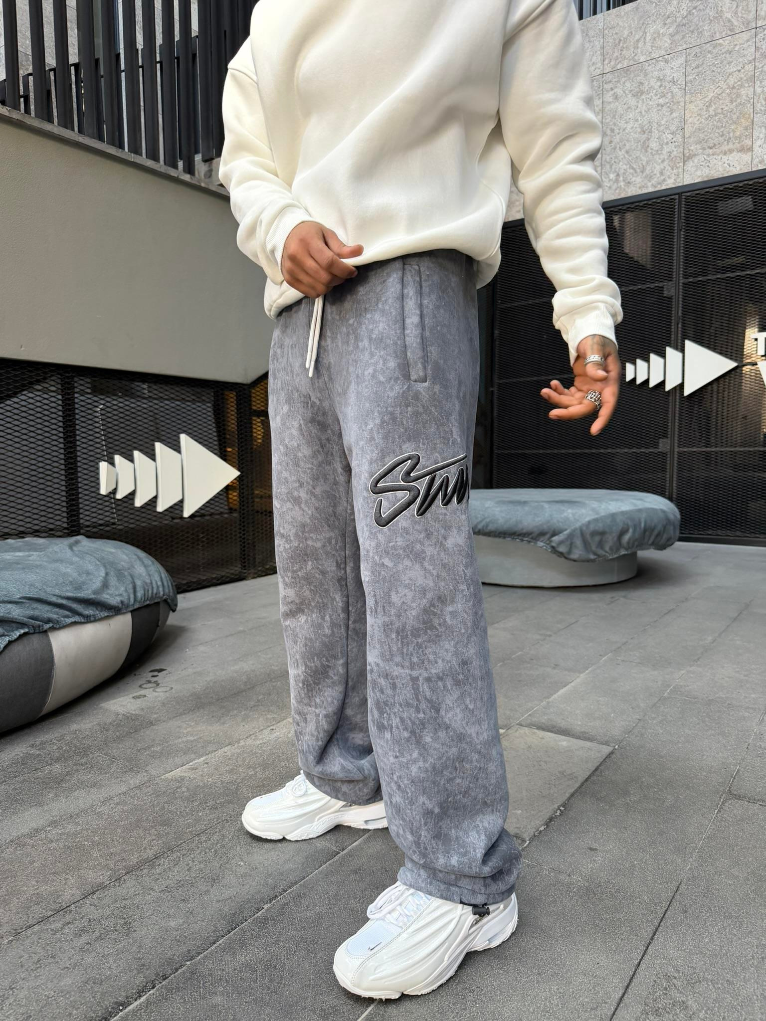 Premium Acid İşlemeli SW Yıkamalı Baggy Eşofman - Füme