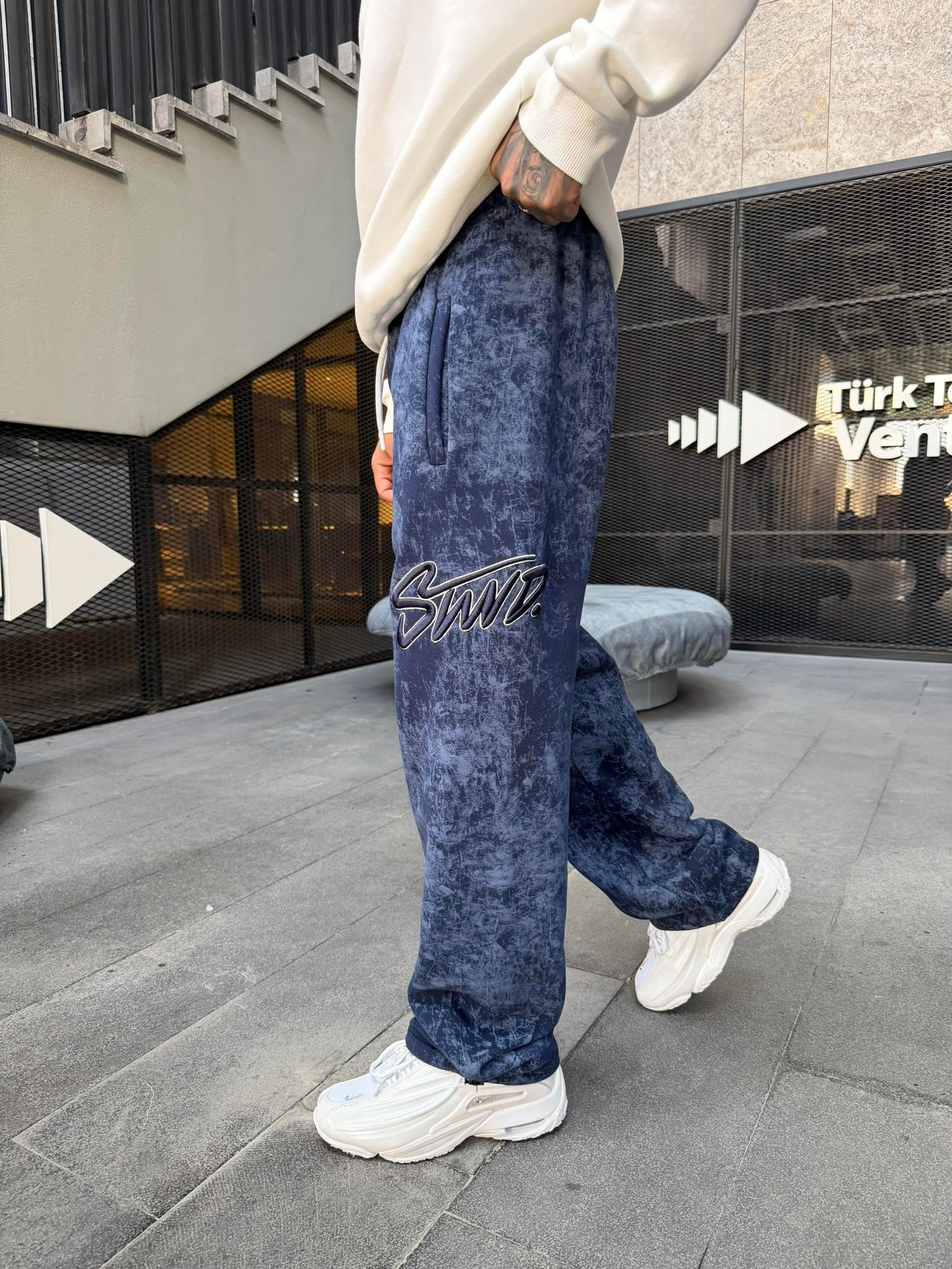 Premium Acid İşlemeli SW Yıkamalı Baggy Eşofman - İndigo