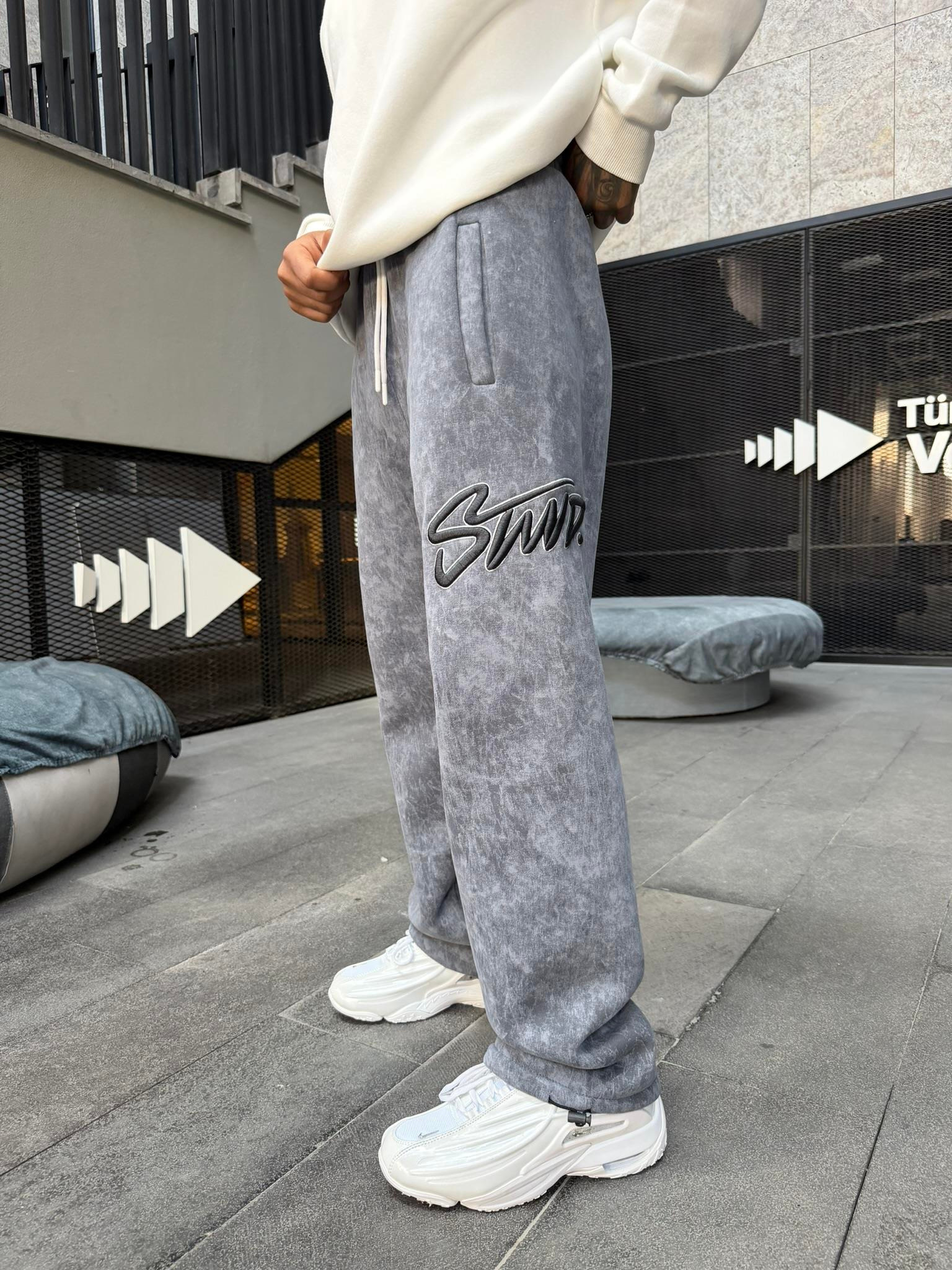 Premium Acid İşlemeli SW Yıkamalı Baggy Eşofman - Füme