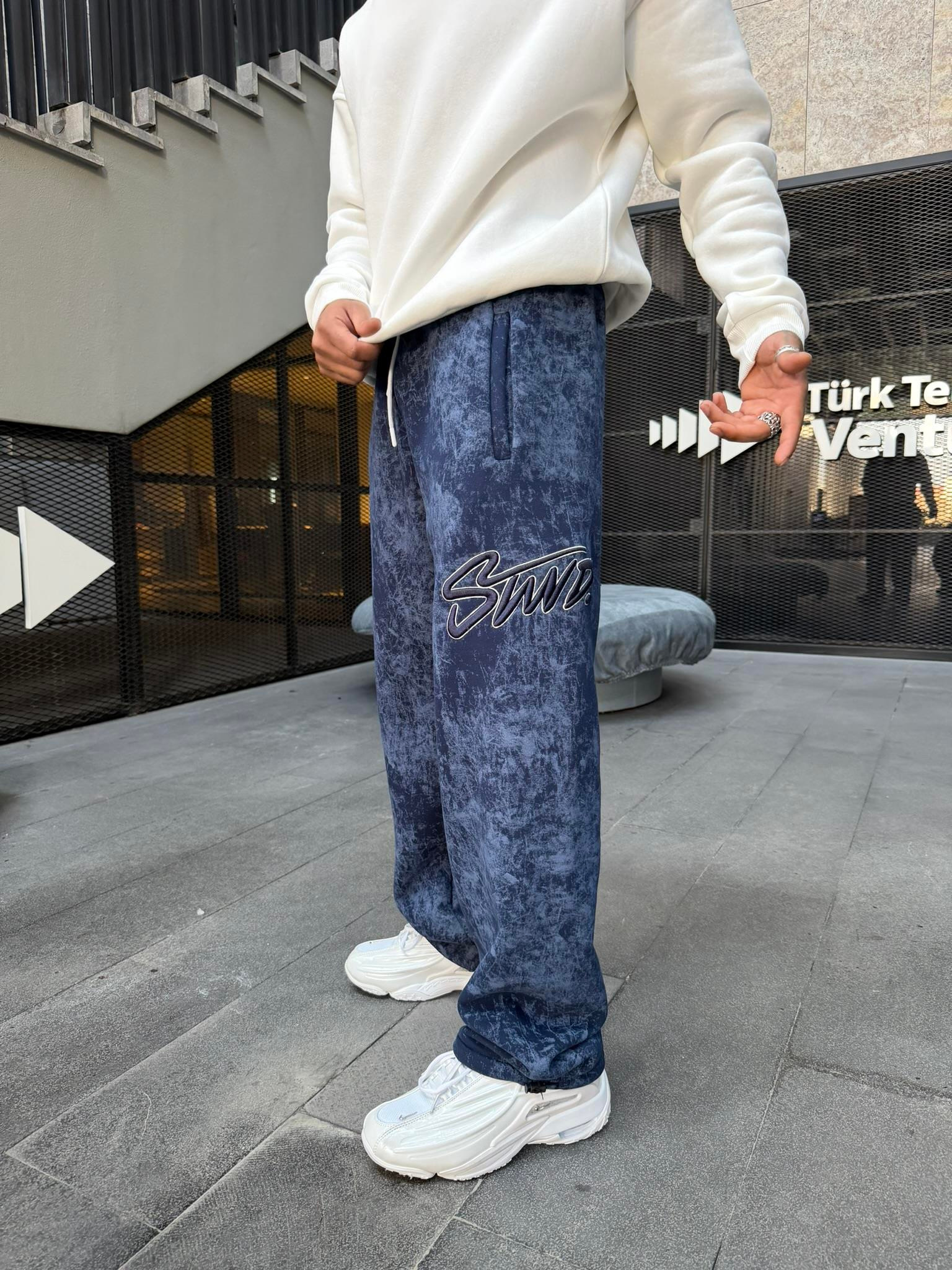 Premium Acid İşlemeli SW Yıkamalı Baggy Eşofman - İndigo