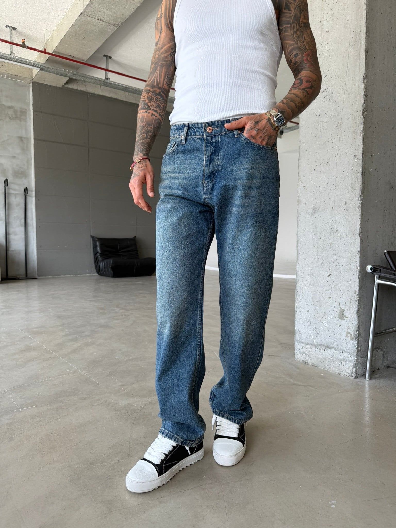 Premium Basic Baggy Fit Pantolon - Mavi