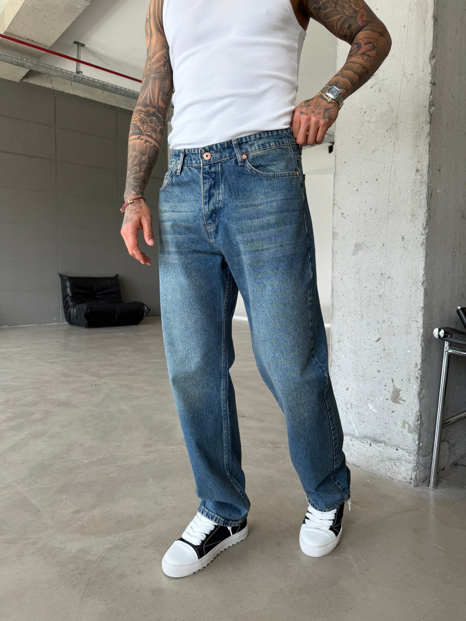 Premium Basic Baggy Fit Pantolon - Mavi