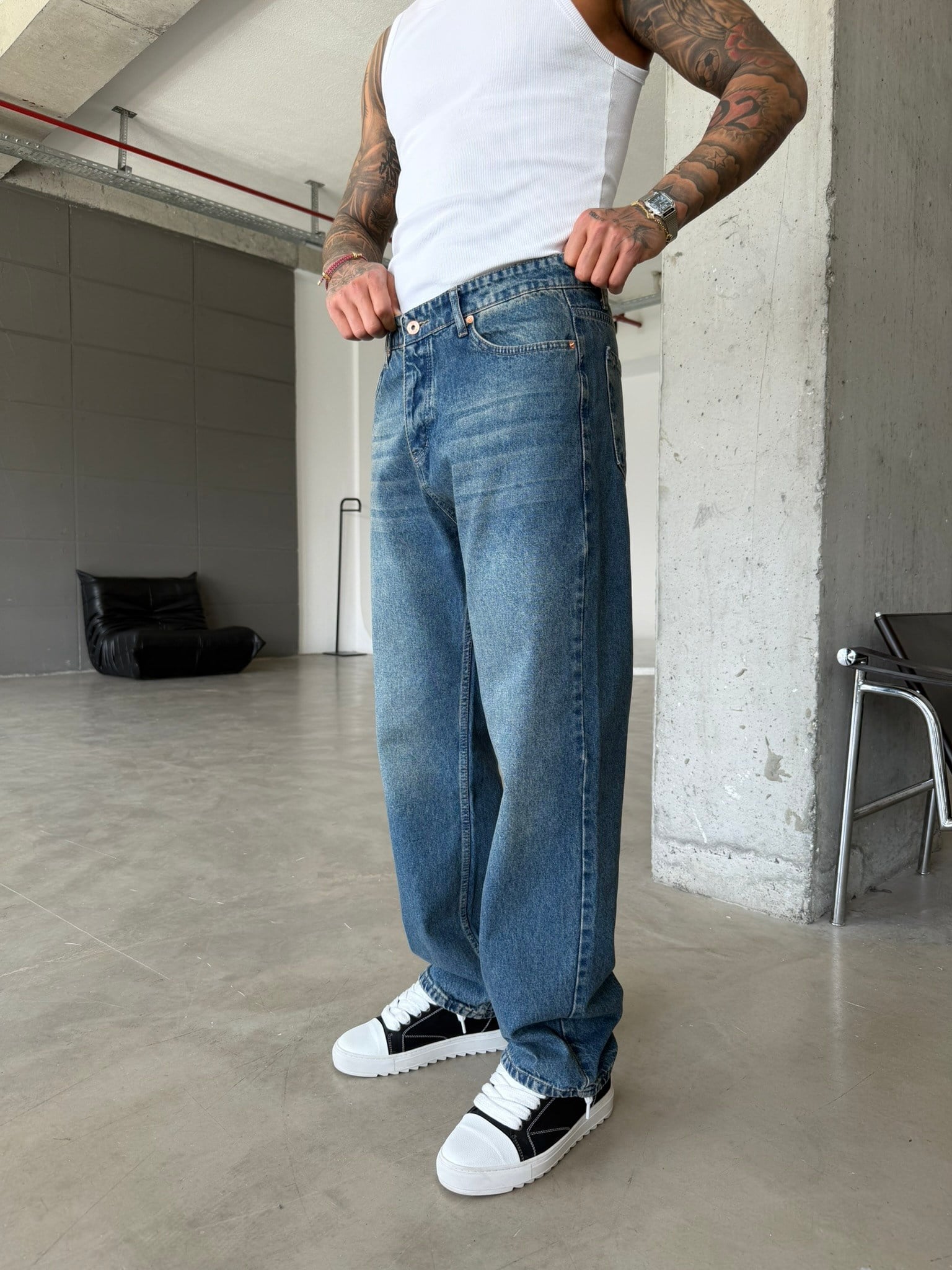 Premium Basic Baggy Fit Pantolon - Mavi