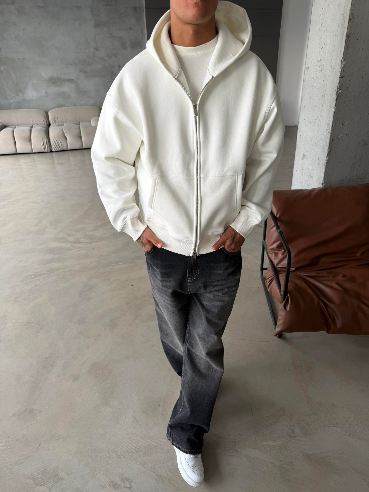 Premium Cift Fermuar Zip Hırka -  Beyaz