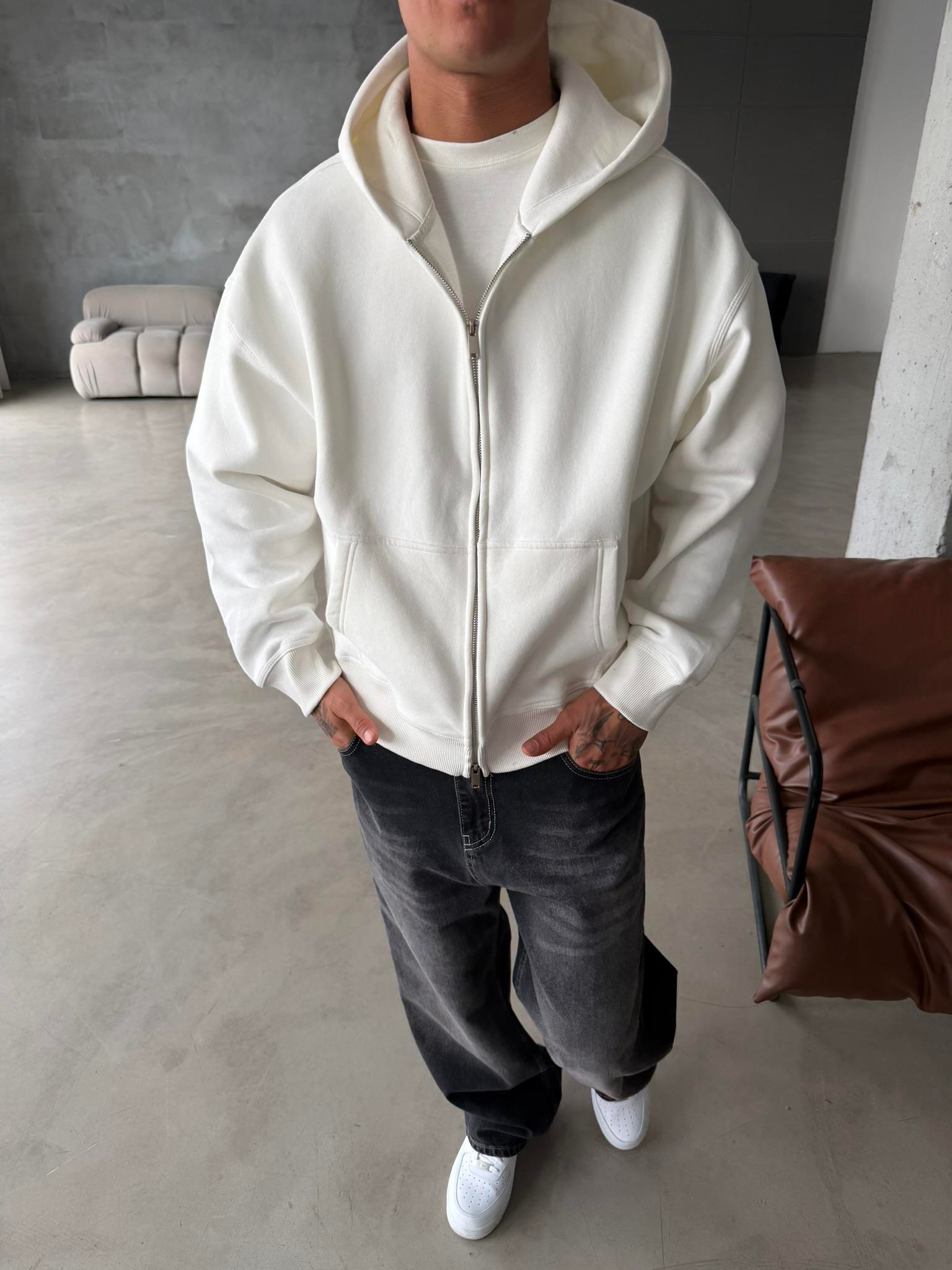 Premium Cift Fermuar Zip Hırka -  Beyaz