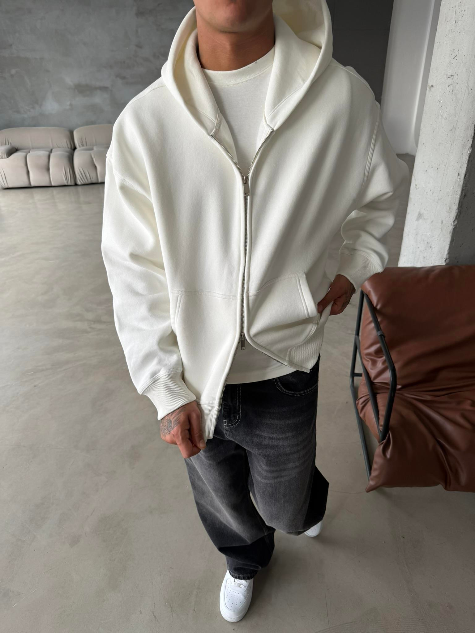 Premium Cift Fermuar Zip Hırka -  Beyaz