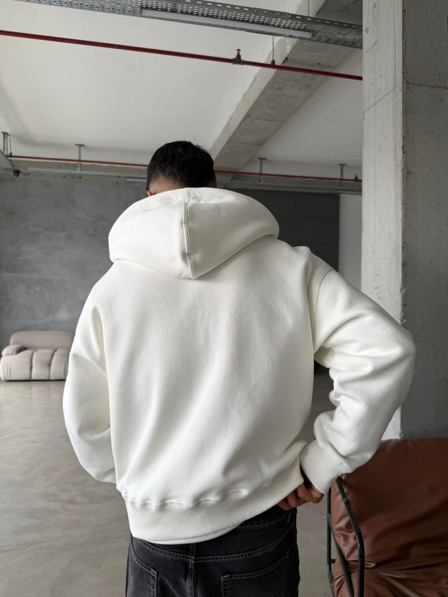 Premium Cift Fermuar Zip Hırka -  Beyaz