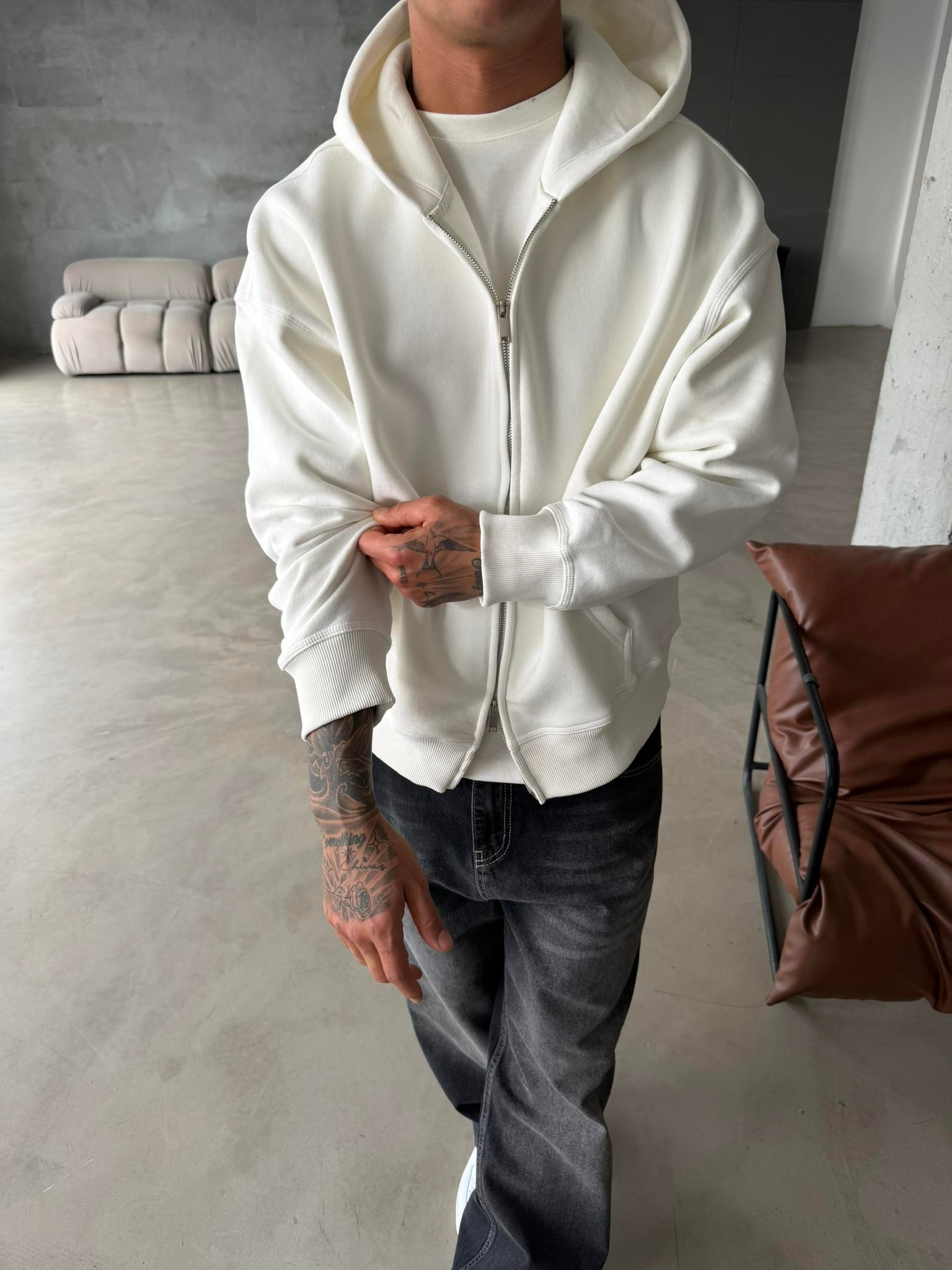 Premium Cift Fermuar Zip Hırka -  Beyaz