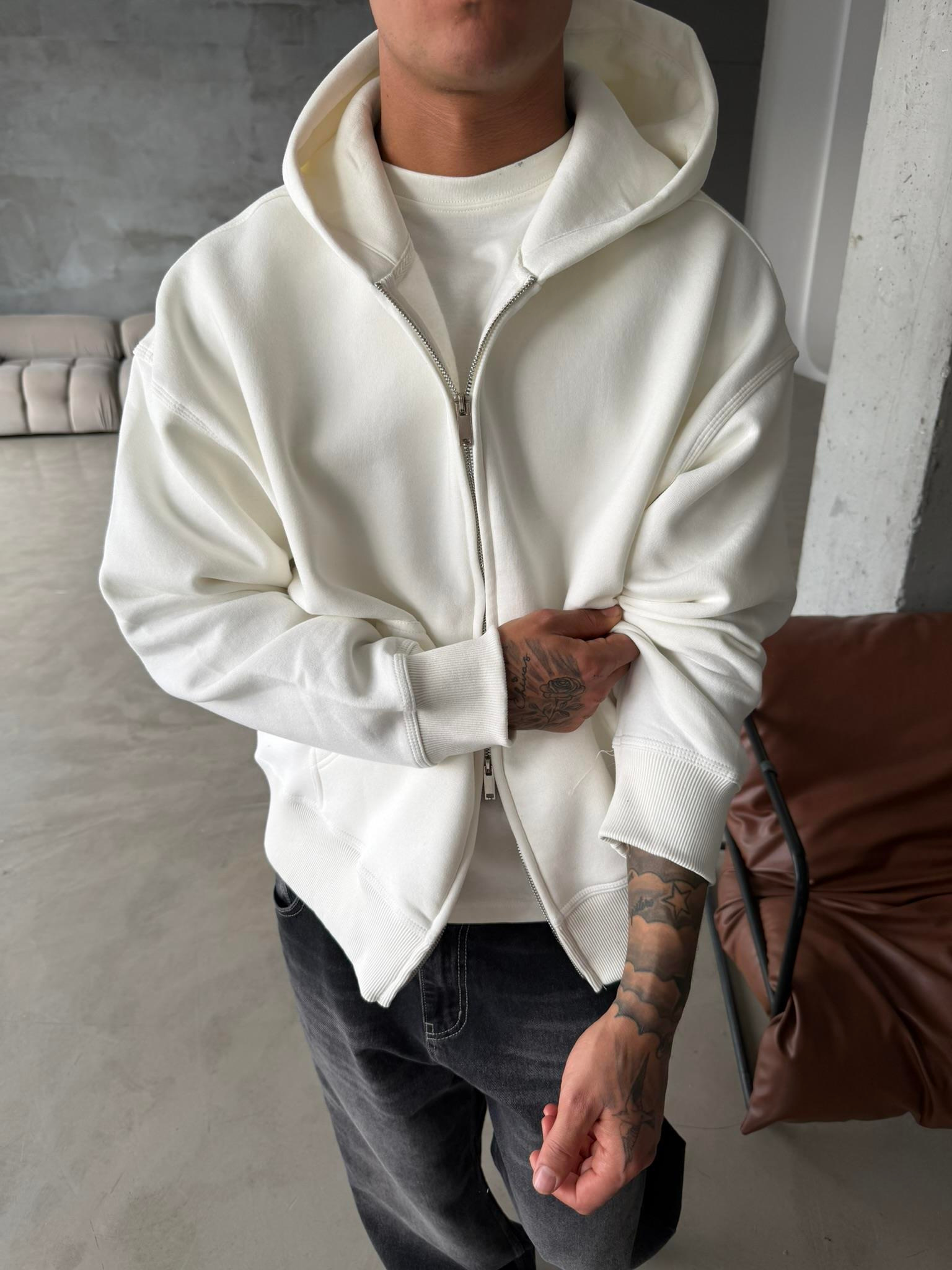Premium Cift Fermuar Zip Hırka -  Beyaz