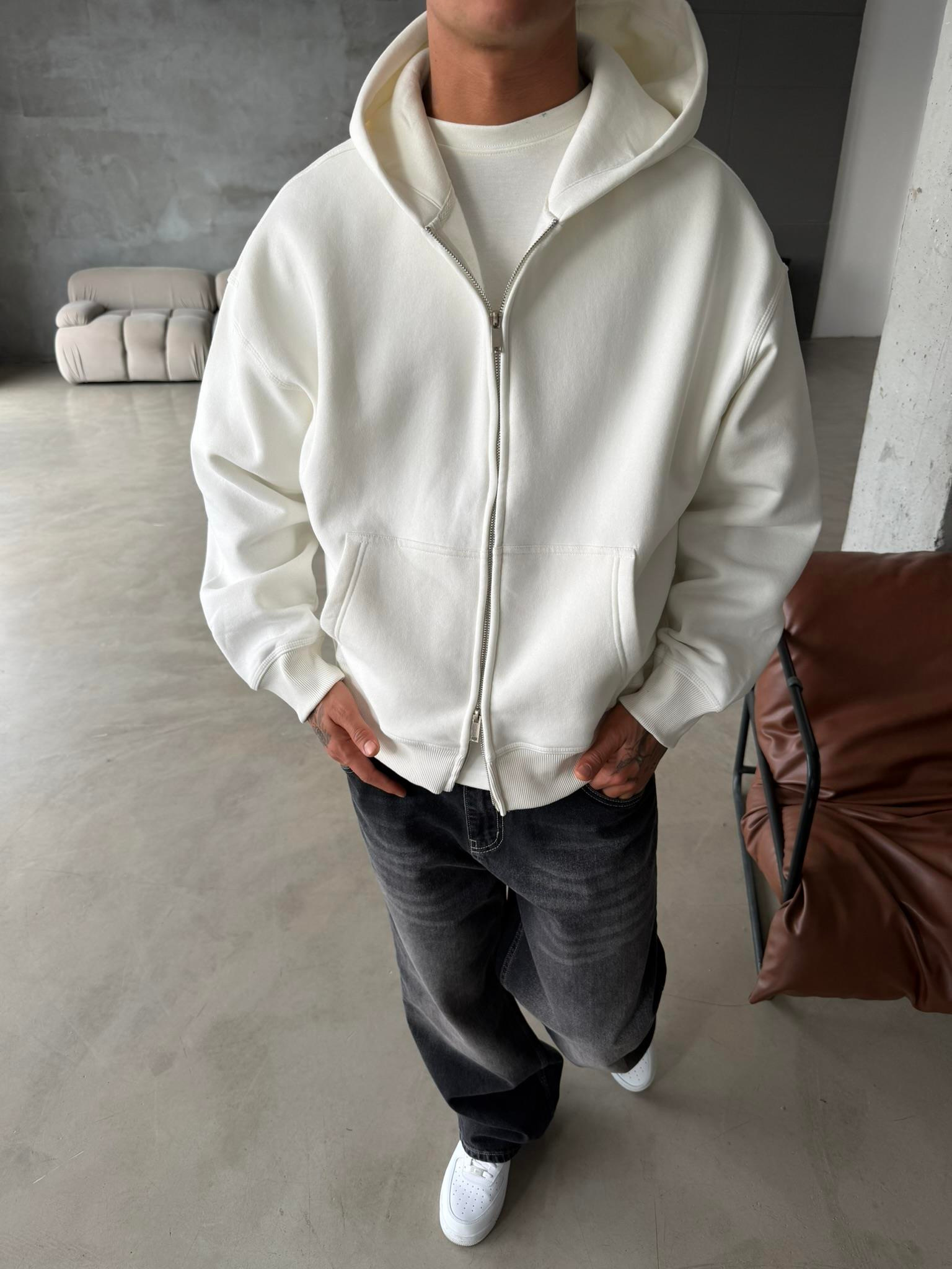 Premium Cift Fermuar Zip Hırka -  Beyaz