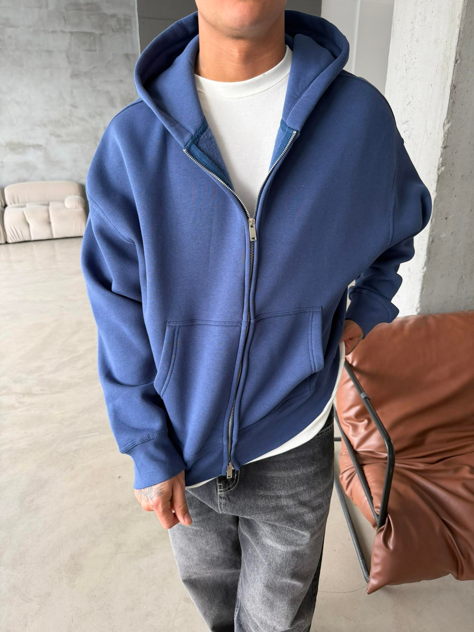 Premium Cift Fermuar Zip Hırka -  İndigo