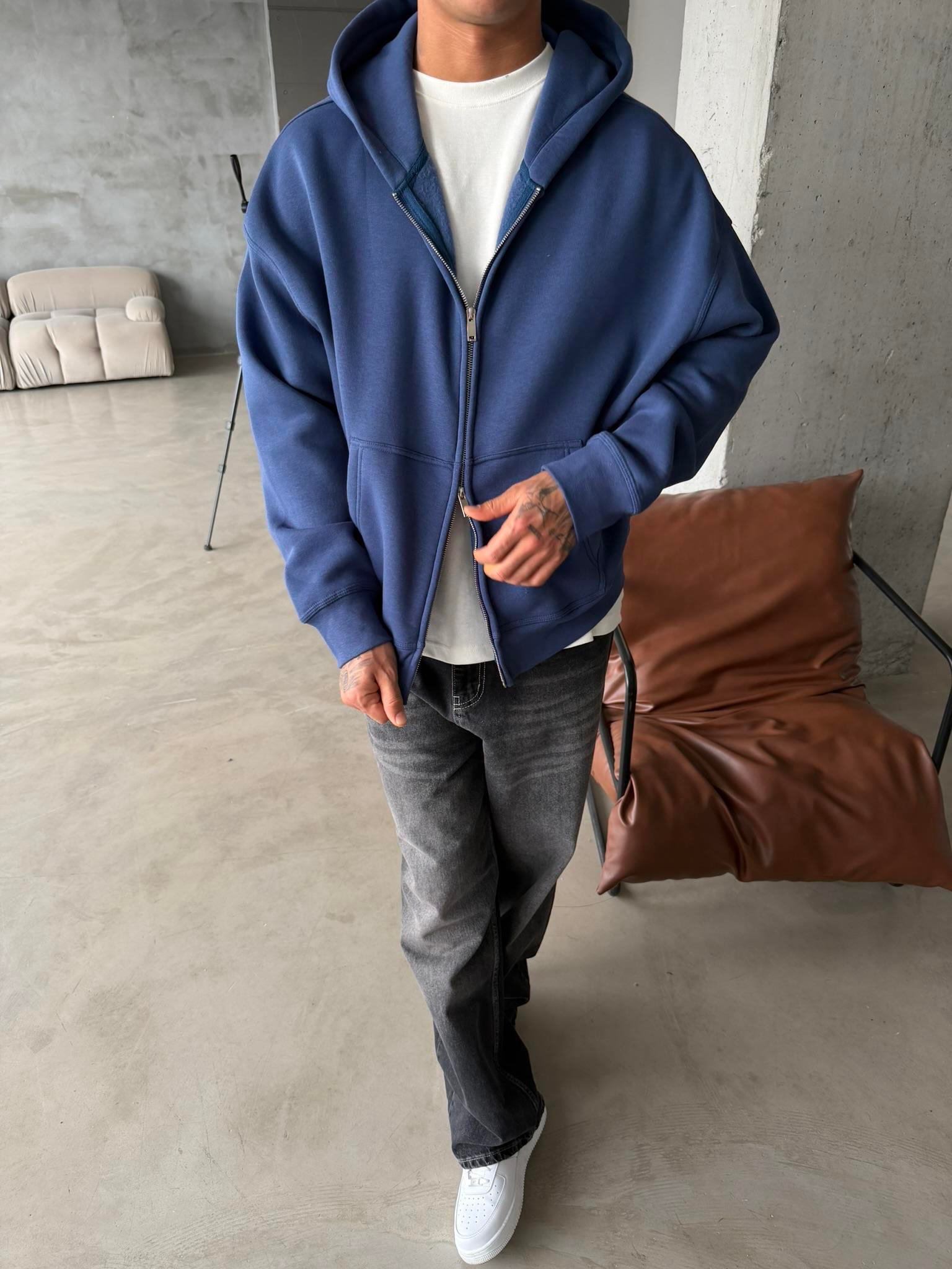 Premium Cift Fermuar Zip Hırka -  İndigo