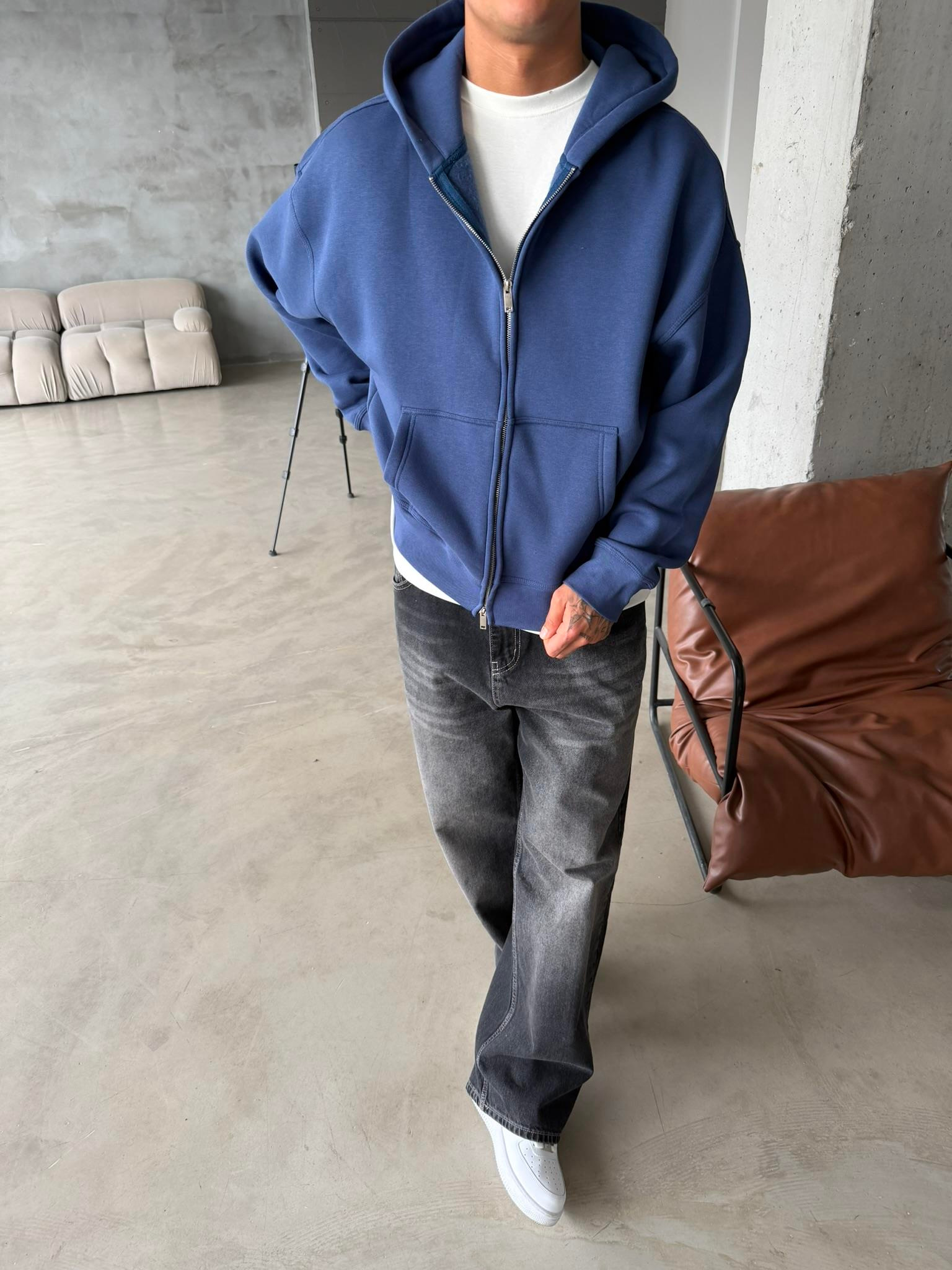 Premium Cift Fermuar Zip Hırka -  İndigo