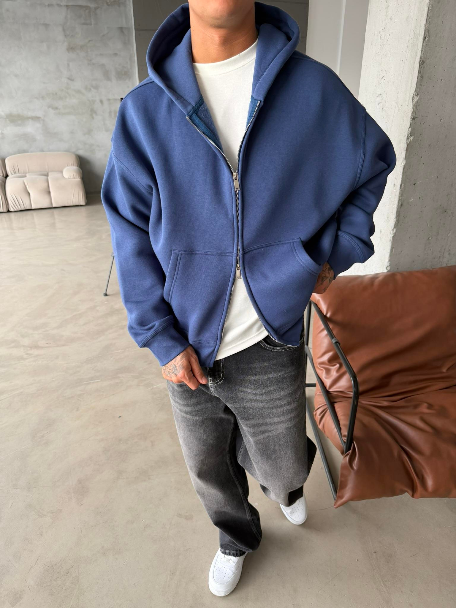 Premium Cift Fermuar Zip Hırka -  İndigo