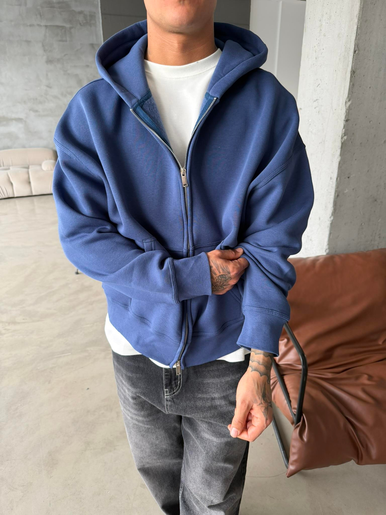 Premium Cift Fermuar Zip Hırka -  İndigo