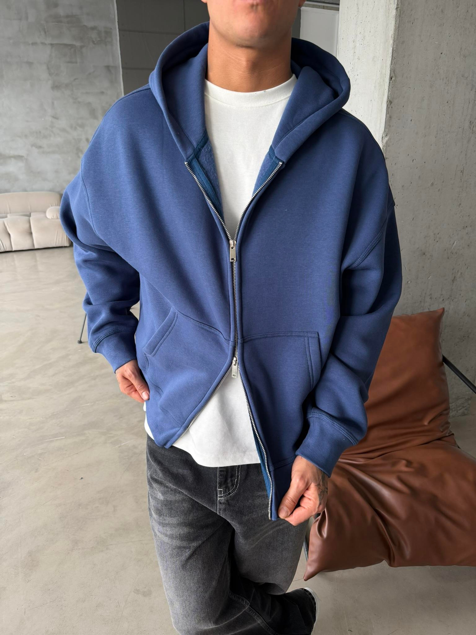 Premium Cift Fermuar Zip Hırka -  İndigo