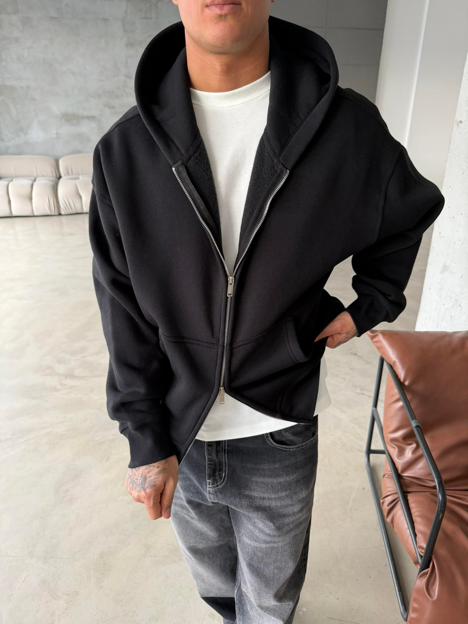 Premium Cift Fermuar Zip Hırka -  Siyah