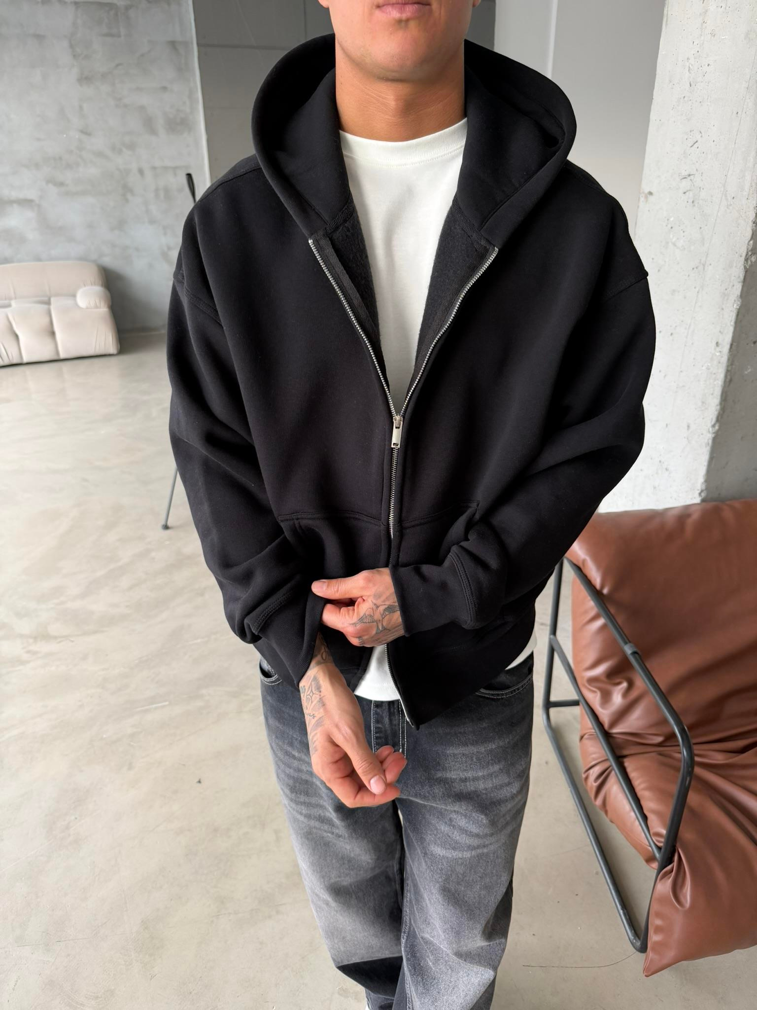 Premium Cift Fermuar Zip Hırka -  Siyah