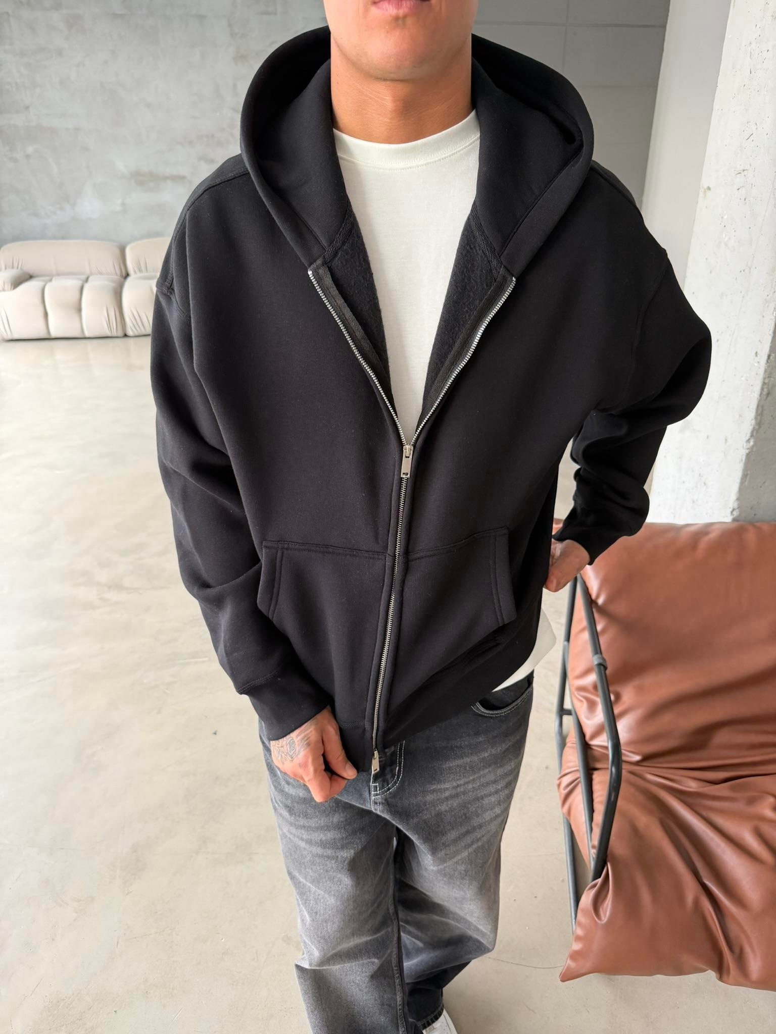 Premium Cift Fermuar Zip Hırka -  Siyah