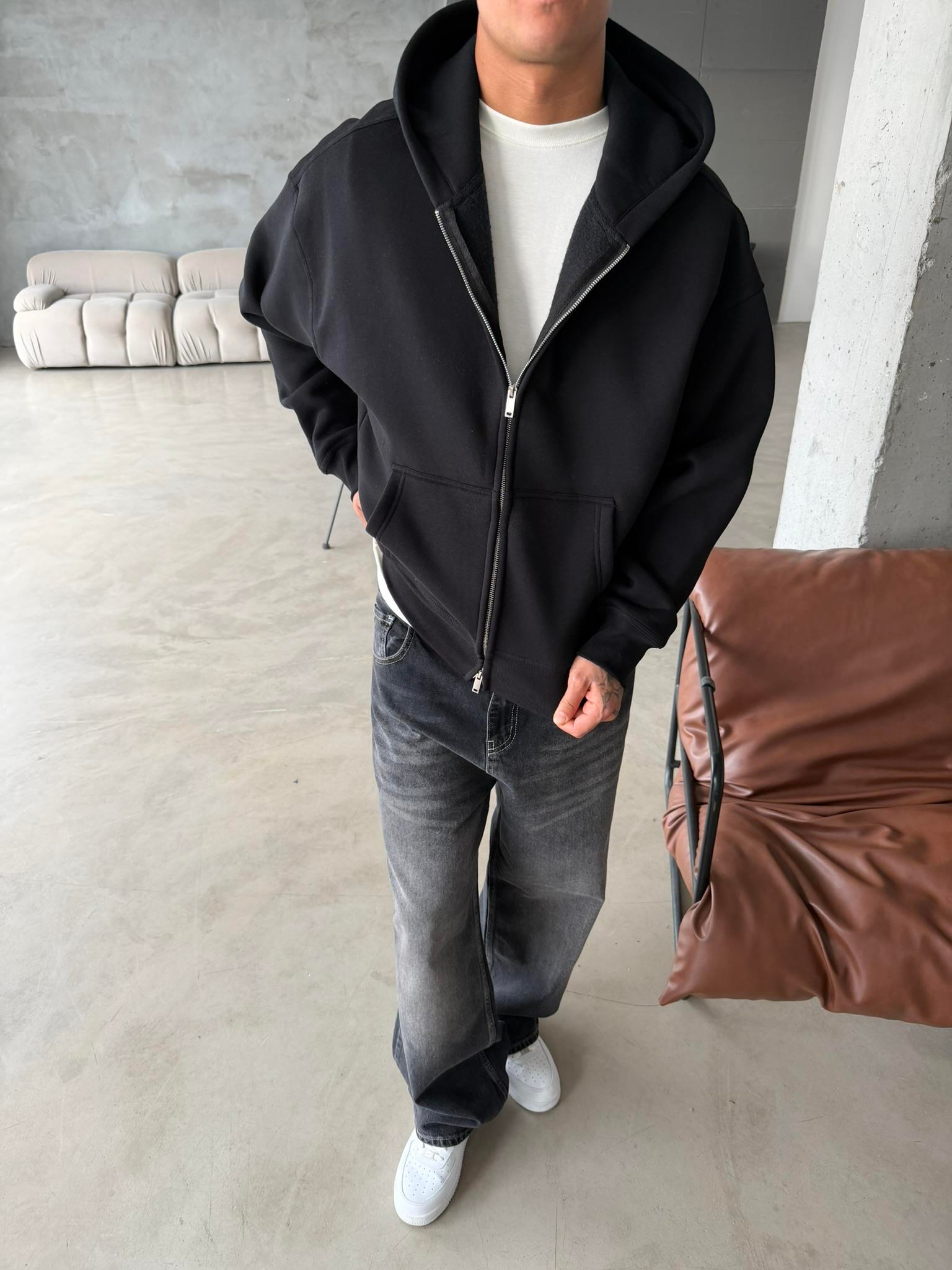 Premium Cift Fermuar Zip Hırka -  Siyah