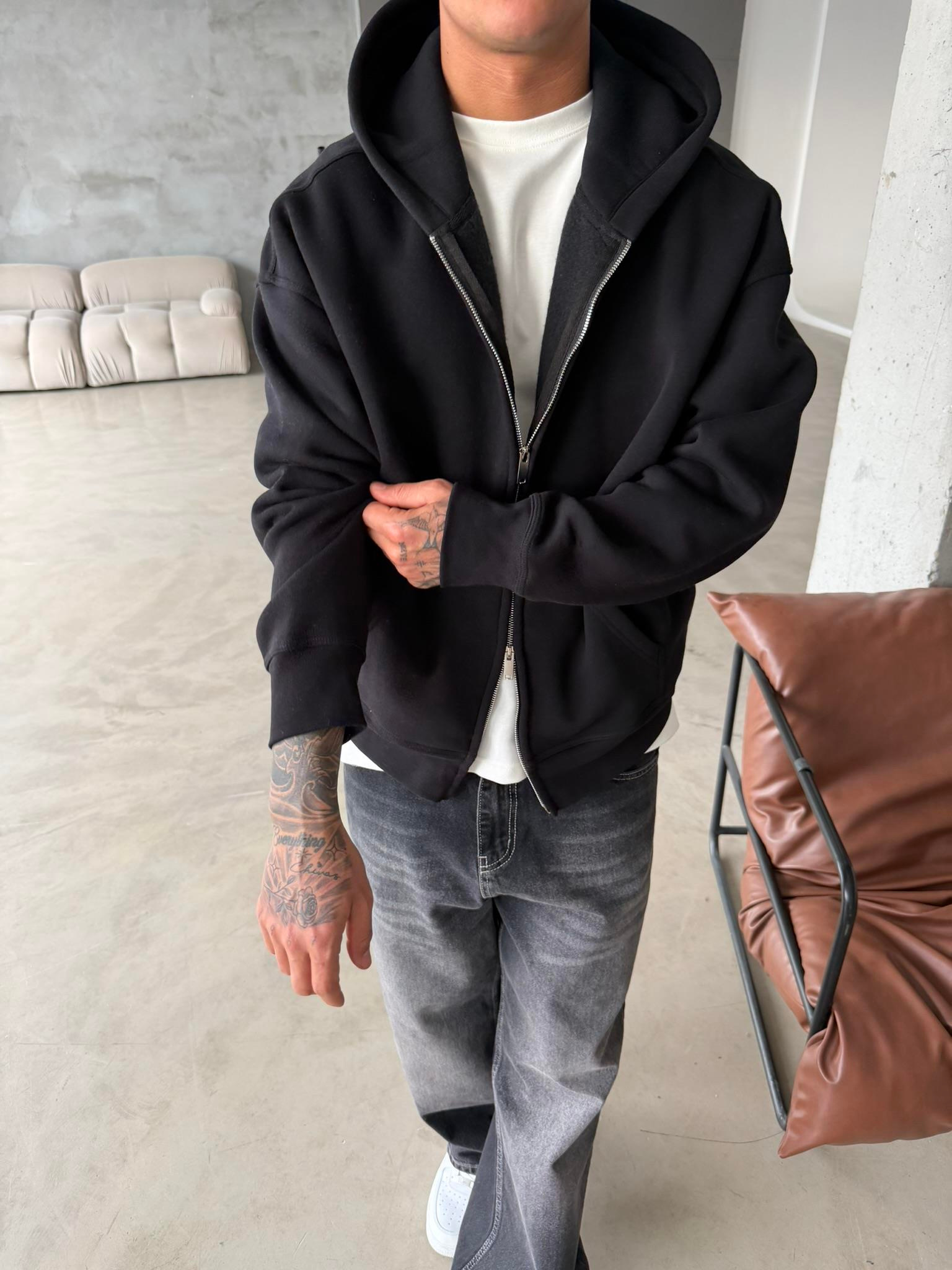 Premium Cift Fermuar Zip Hırka -  Siyah