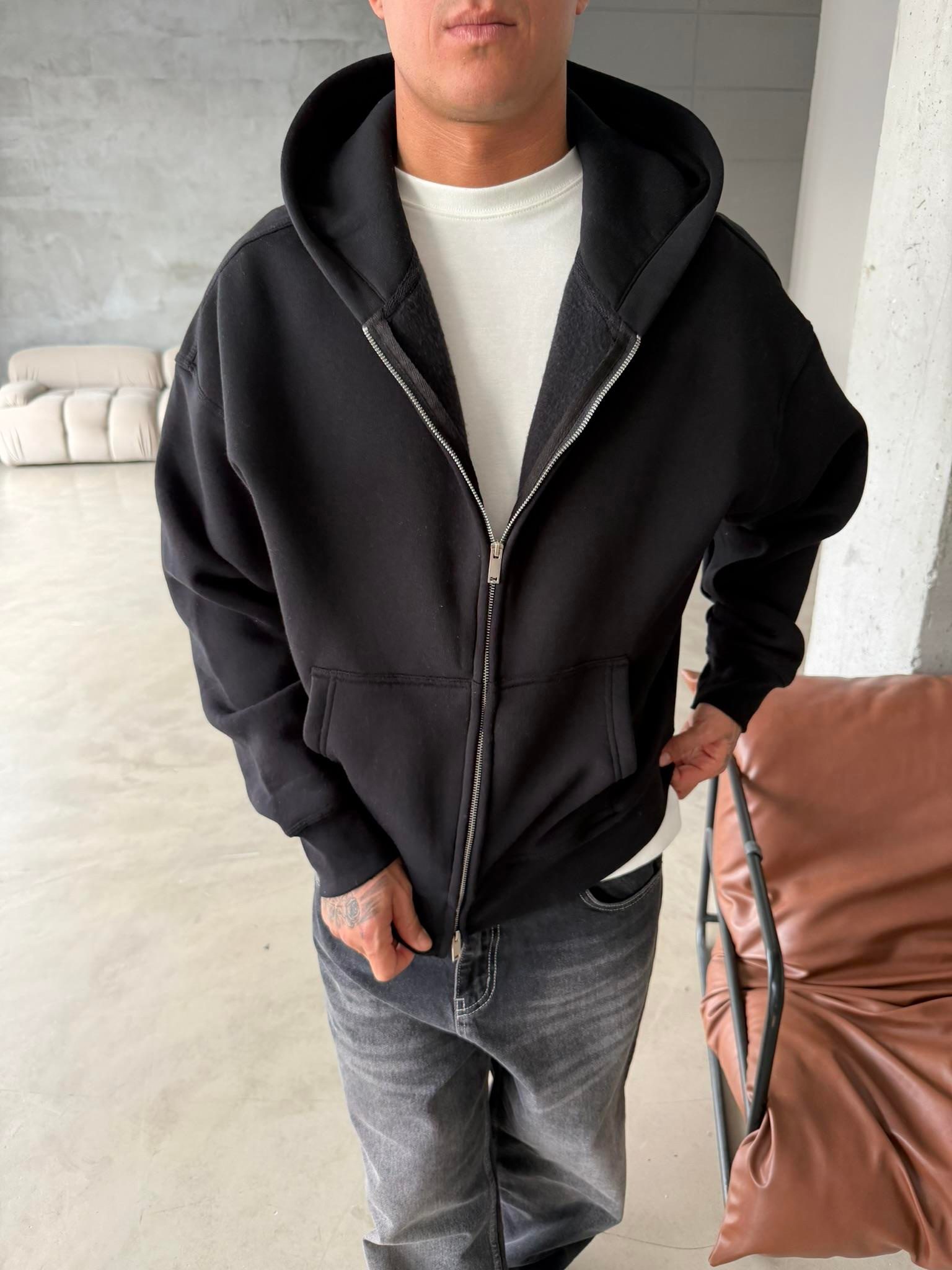 Premium Cift Fermuar Zip Hırka -  Siyah