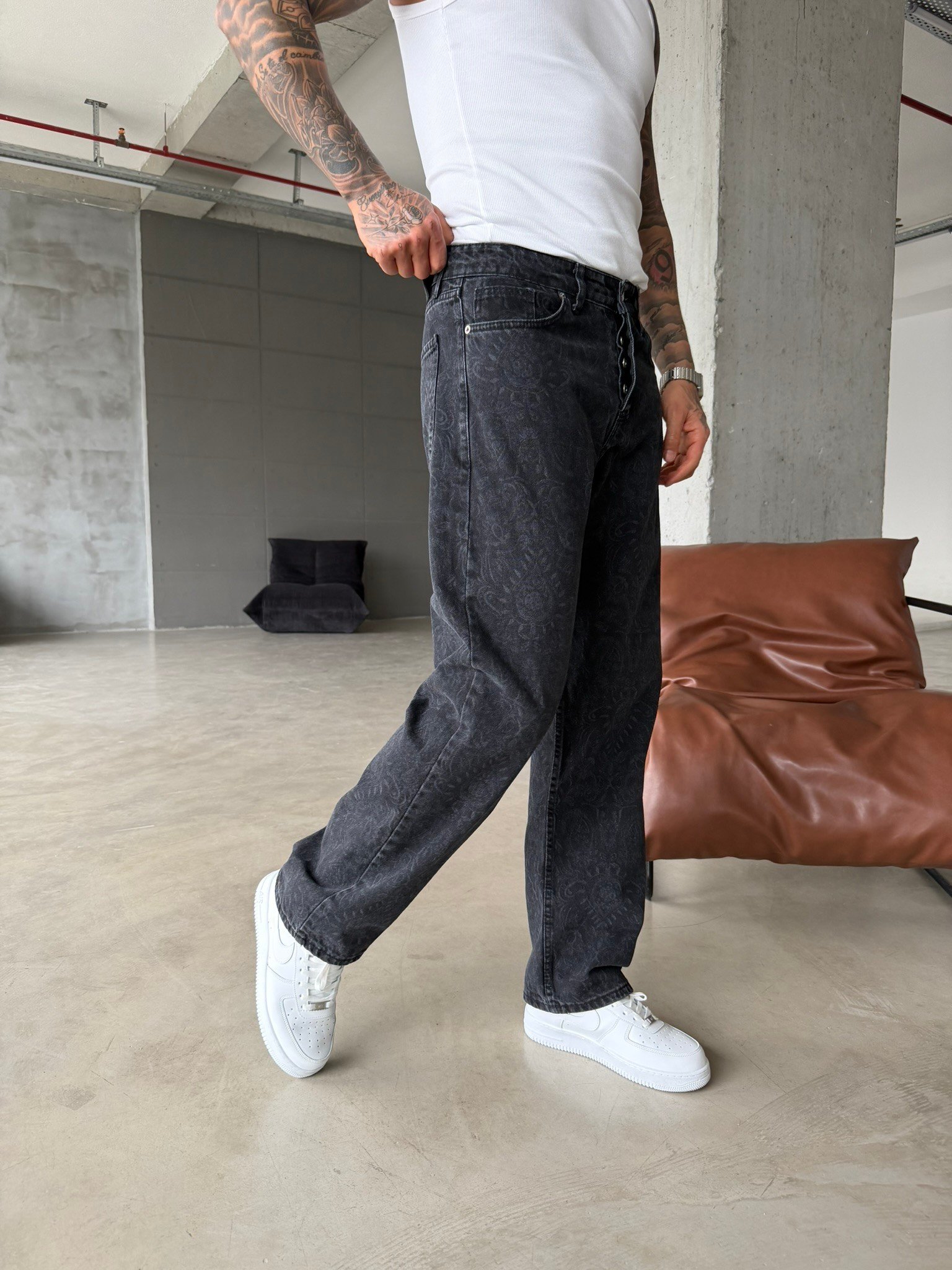 Premium Desenli Baggy Pantolon - Antrasit