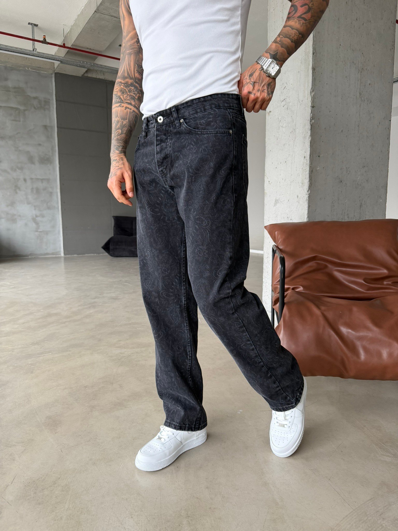 Premium Desenli Baggy Pantolon - Antrasit