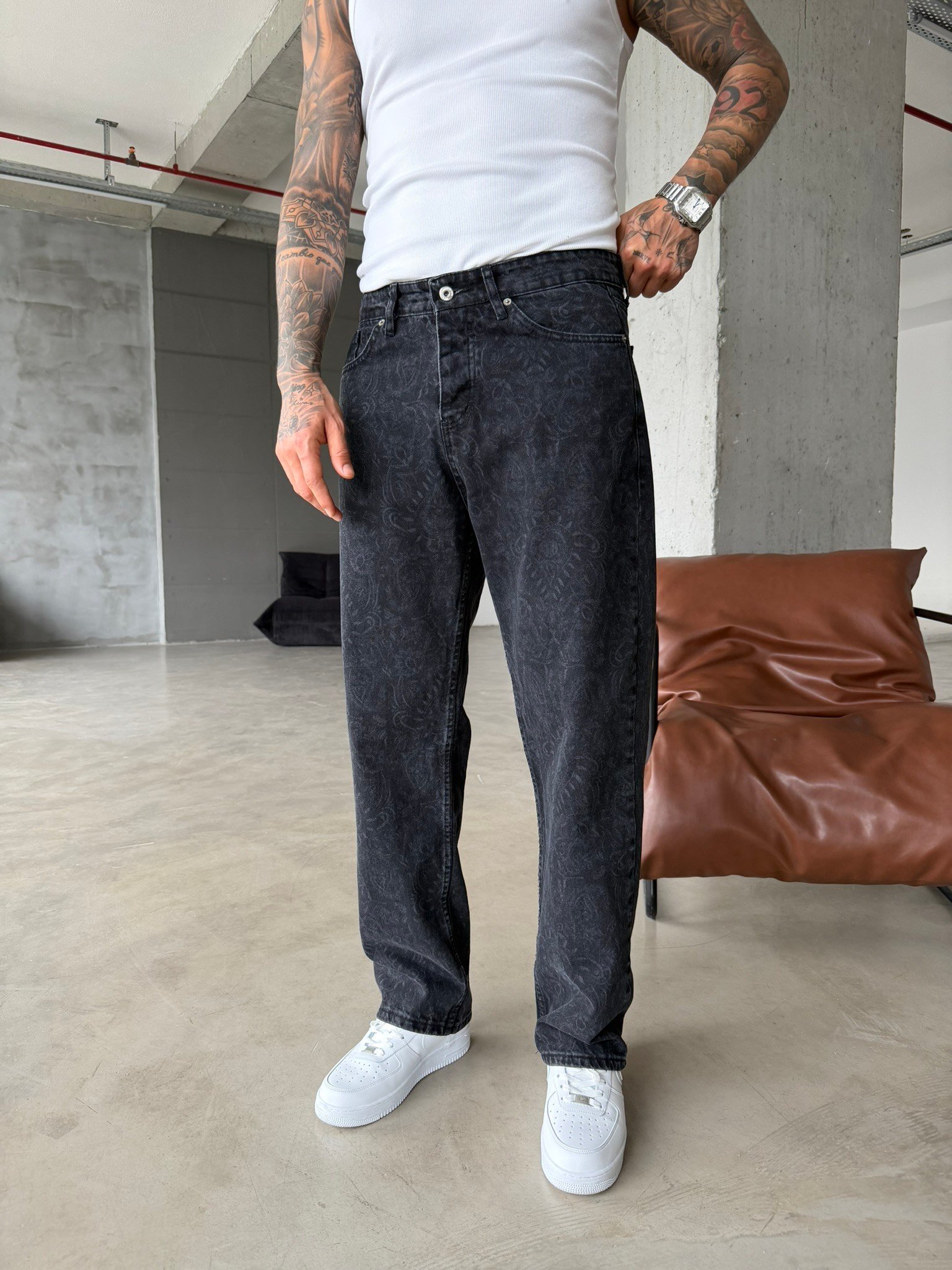 Premium Desenli Baggy Pantolon - Antrasit