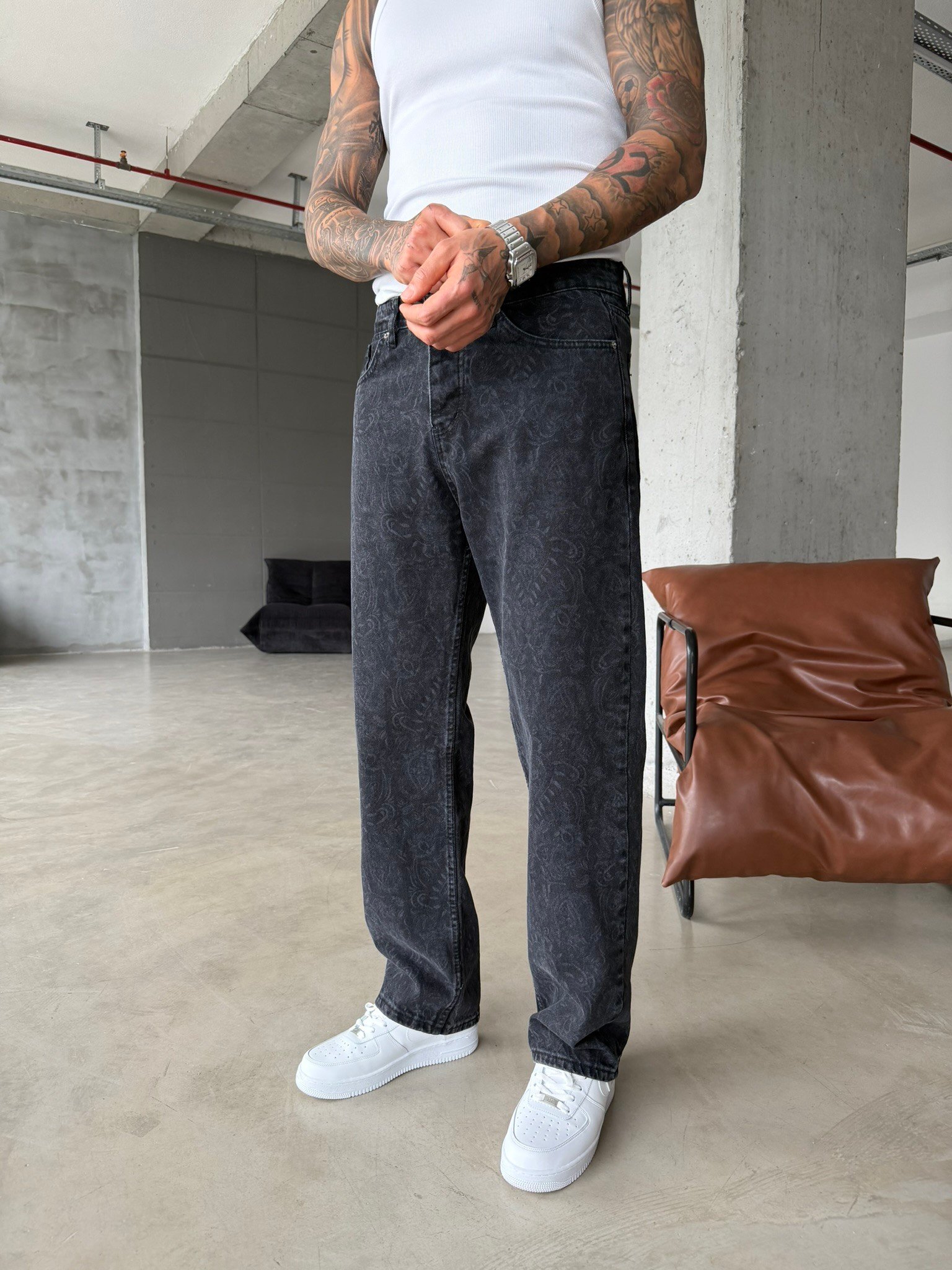 Premium Desenli Baggy Pantolon - Antrasit