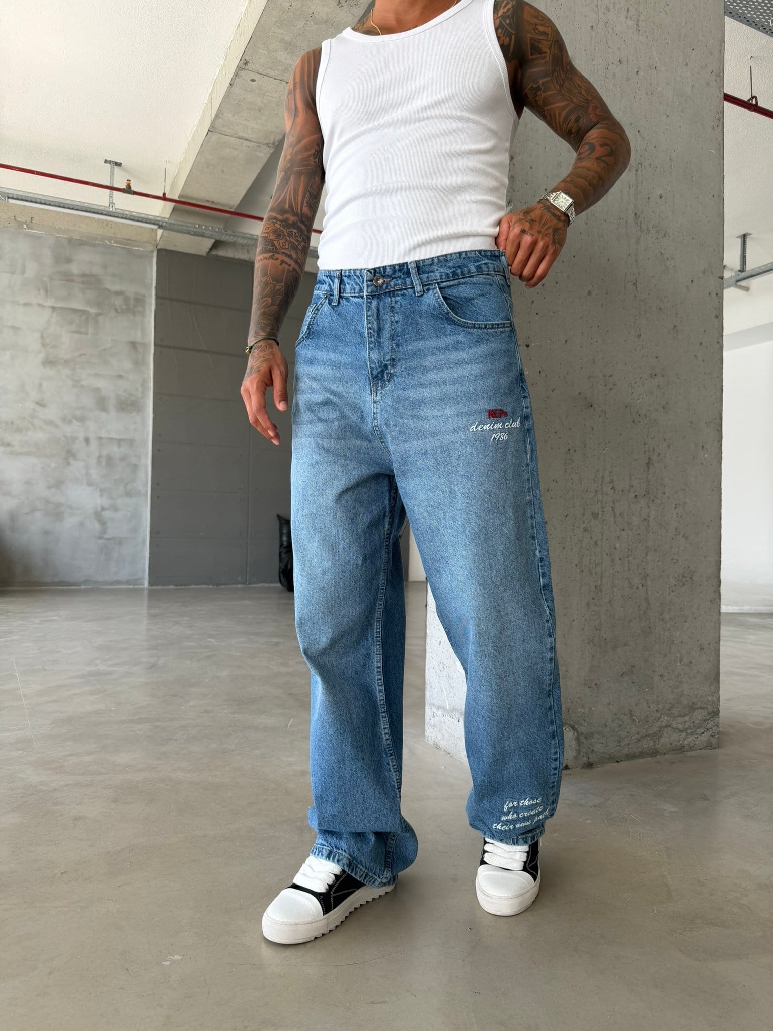 Premium Detaylı Nakış İşlemeli Baggy Pantolon - İndigo