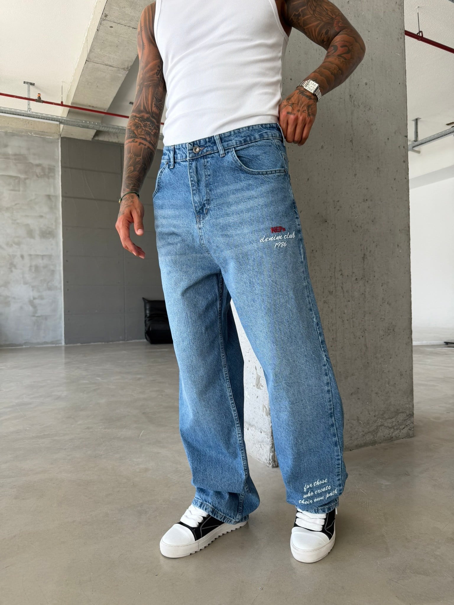 Premium Detaylı Nakış İşlemeli Baggy Pantolon - İndigo
