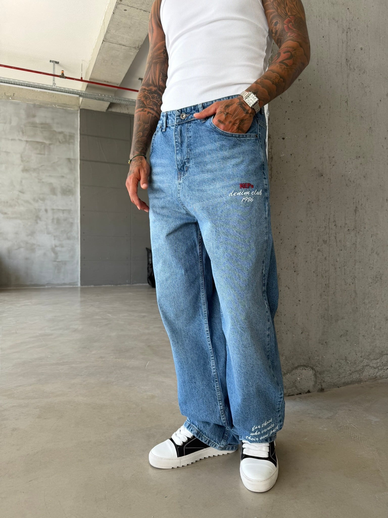 Premium Detaylı Nakış İşlemeli Baggy Pantolon - İndigo