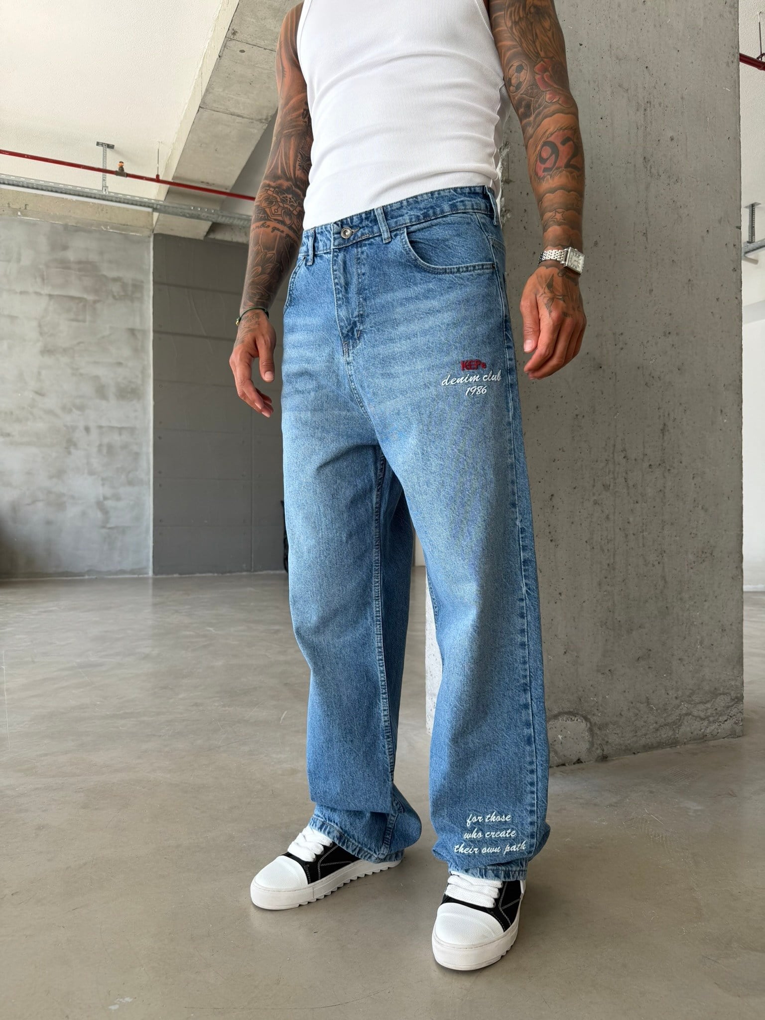 Premium Detaylı Nakış İşlemeli Baggy Pantolon - İndigo