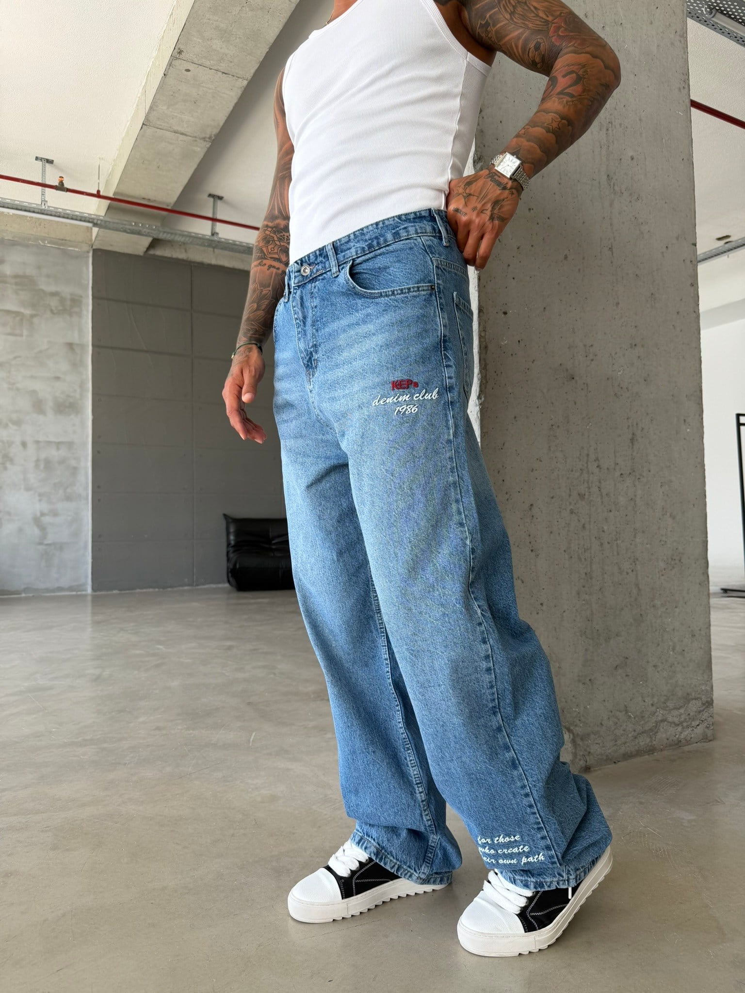 Premium Detaylı Nakış İşlemeli Baggy Pantolon - İndigo