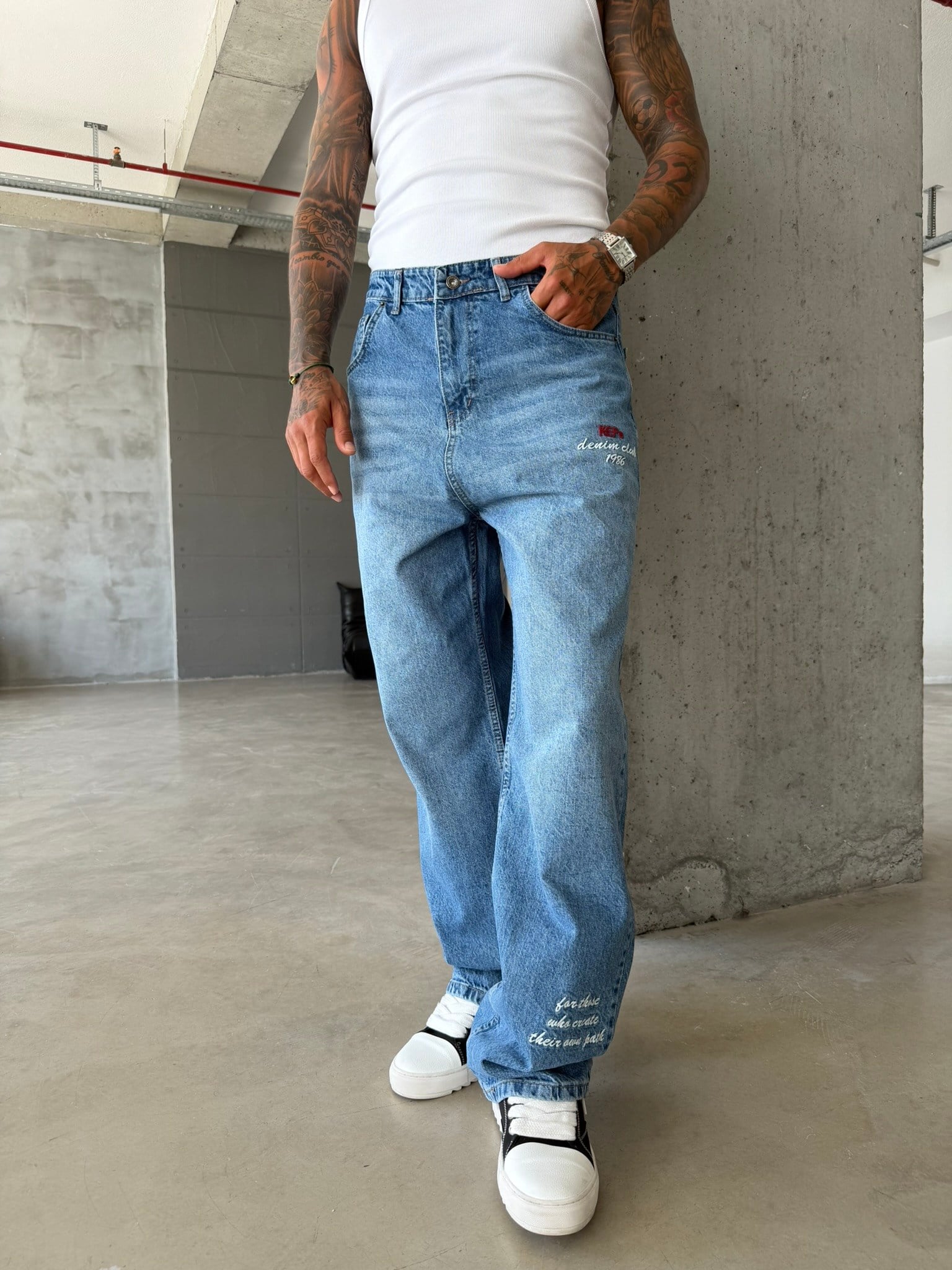 Premium Detaylı Nakış İşlemeli Baggy Pantolon - İndigo