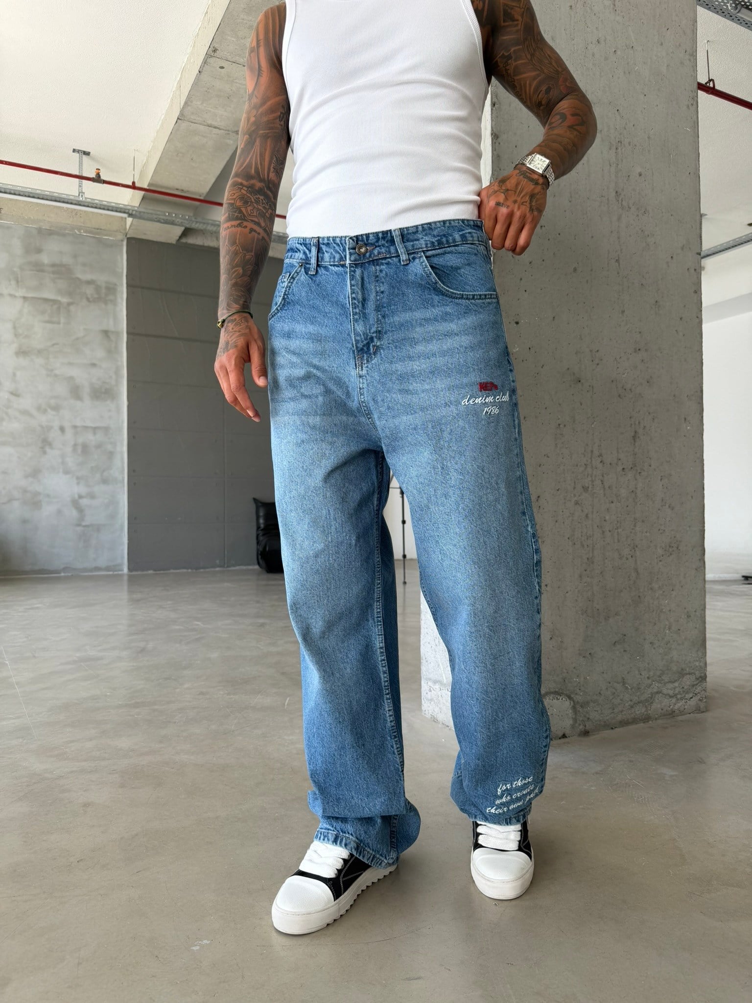 Premium Detaylı Nakış İşlemeli Baggy Pantolon - İndigo