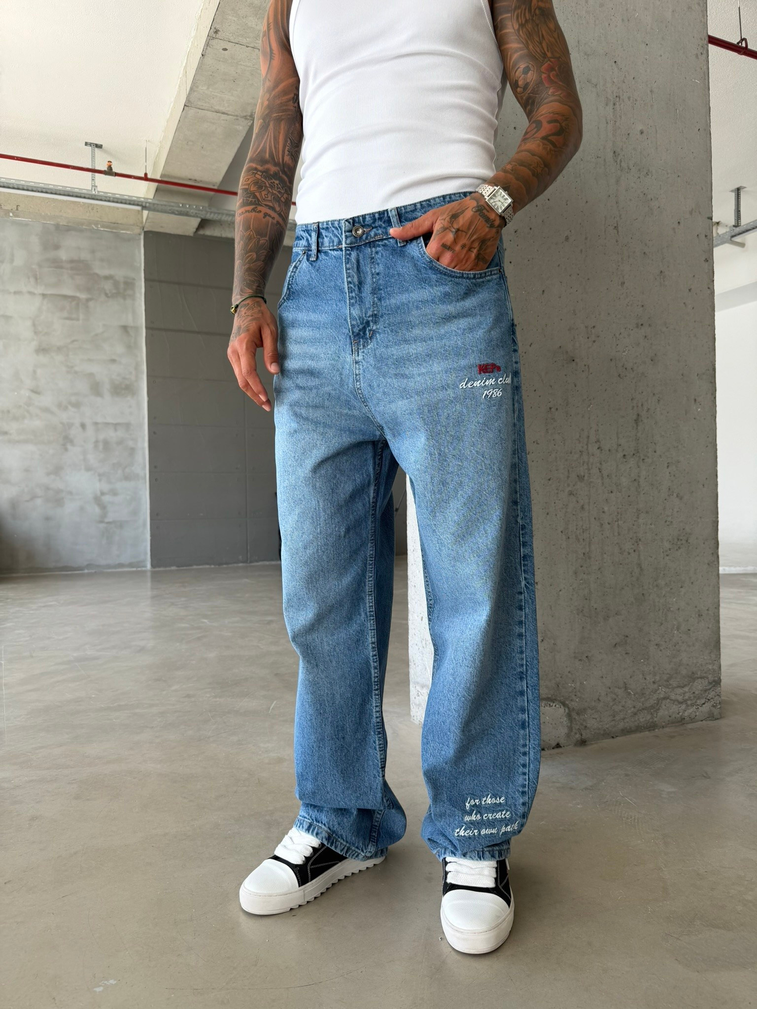 Premium Detaylı Nakış İşlemeli Baggy Pantolon - İndigo
