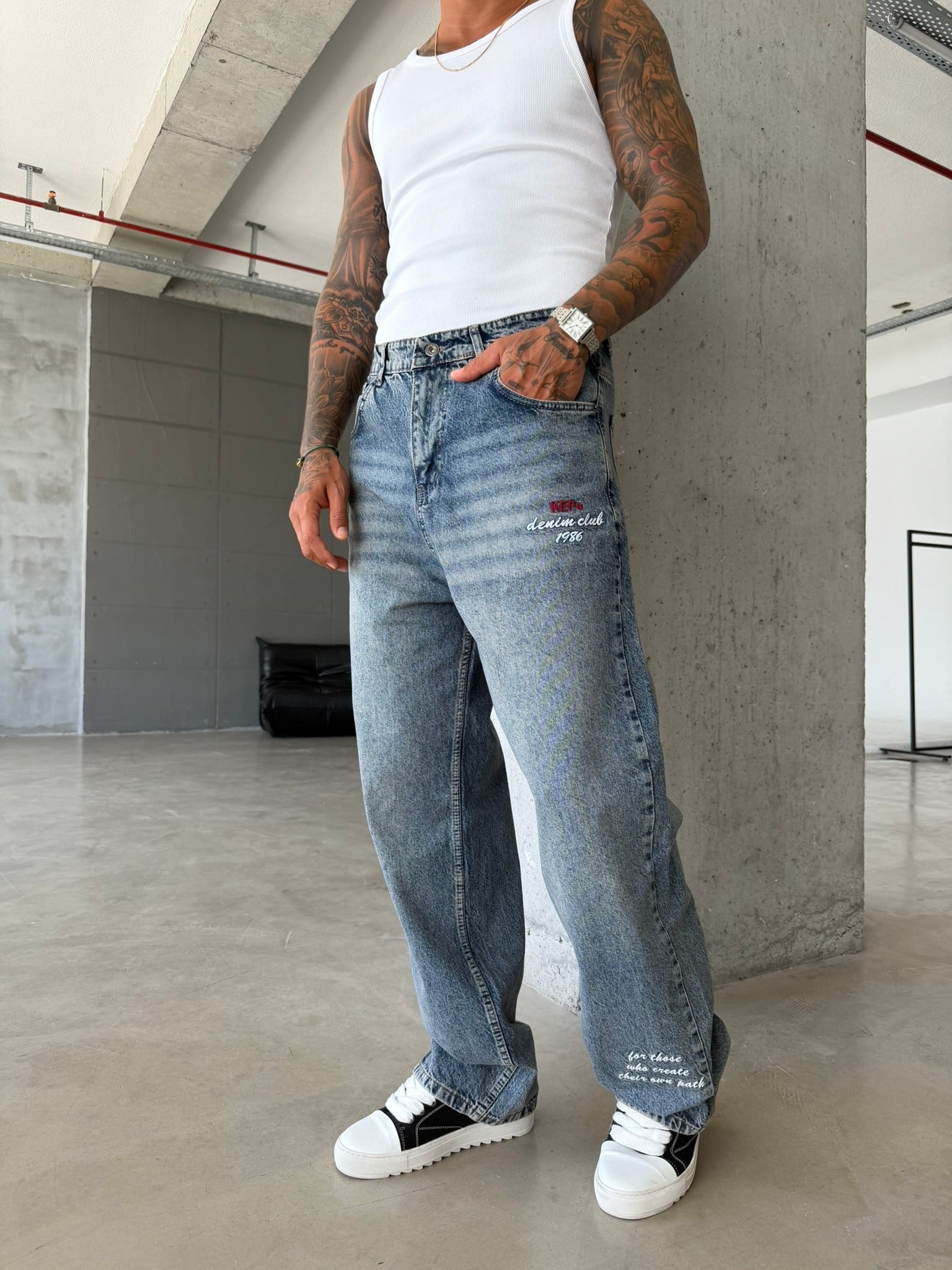 Premium Detaylı Nakış İşlemeli Baggy Pantolon - Mavi 